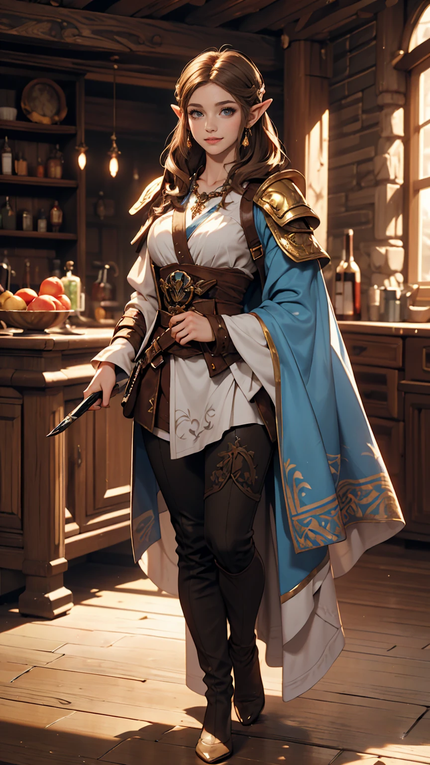 Princess Zelda full body shot, Brown Hair, blue eyes, Dressed as an Assassin's Creed Assassin, white+金色でwhiteいマスクと金色のディテールが施されたフード, XL Bust, Using the Wrist Blade. background: Renaissance city. Unreal Engine 5, anime, anime style, masterpiece, Well drawn eyes, Well-drawn faces, 細部までWell drawn eyes, Well-drawn faces, 8k, Light and shadow effects. smile