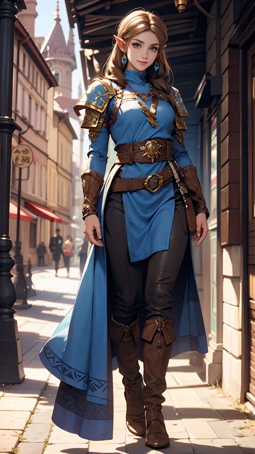 Princess Zelda full body shot, Brown Hair, blue eyes, Dressed as an Assassin's Creed Assassin, white+金色でwhiteいマスクと金色のディテールが施されたフード, XL Bust, Using the Wrist Blade. background: Renaissance city. Unreal Engine 5, anime, anime style, masterpiece, Well drawn eyes, Well-drawn faces, 細部までWell drawn eyes, Well-drawn faces, 8k, Light and shadow effects. smile