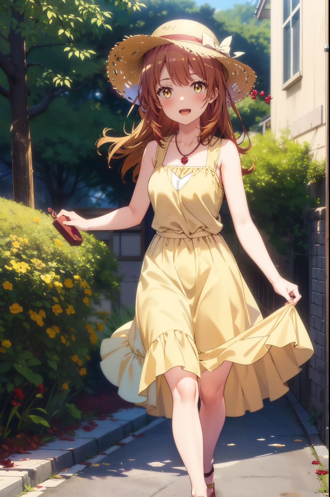 irohaisshiki, Isshiki Iroha, Long Hair, Brown Hair, (Brown ruby eyes:1.5), Sleeveless yellow dress,Yellow long skirt,Bare neck,Locket Necklace,Cute Sandals,Straw hat,happy smile, smile, Open your mouth,Daytime,Clear skies,True Summer,whole bodyがイラストに入るように,Walking,
break outdoors ,公園
break looking at viewer,whole body,
break (masterpiece:1.2), highest quality, High resolution, unity 8k wallpaper, (shape:0.8), (Beautiful and detailed:1.6), Highly detailed face, Perfect lighting, Highly detailed CG, (Perfect hands, Perfect Anatomy),
