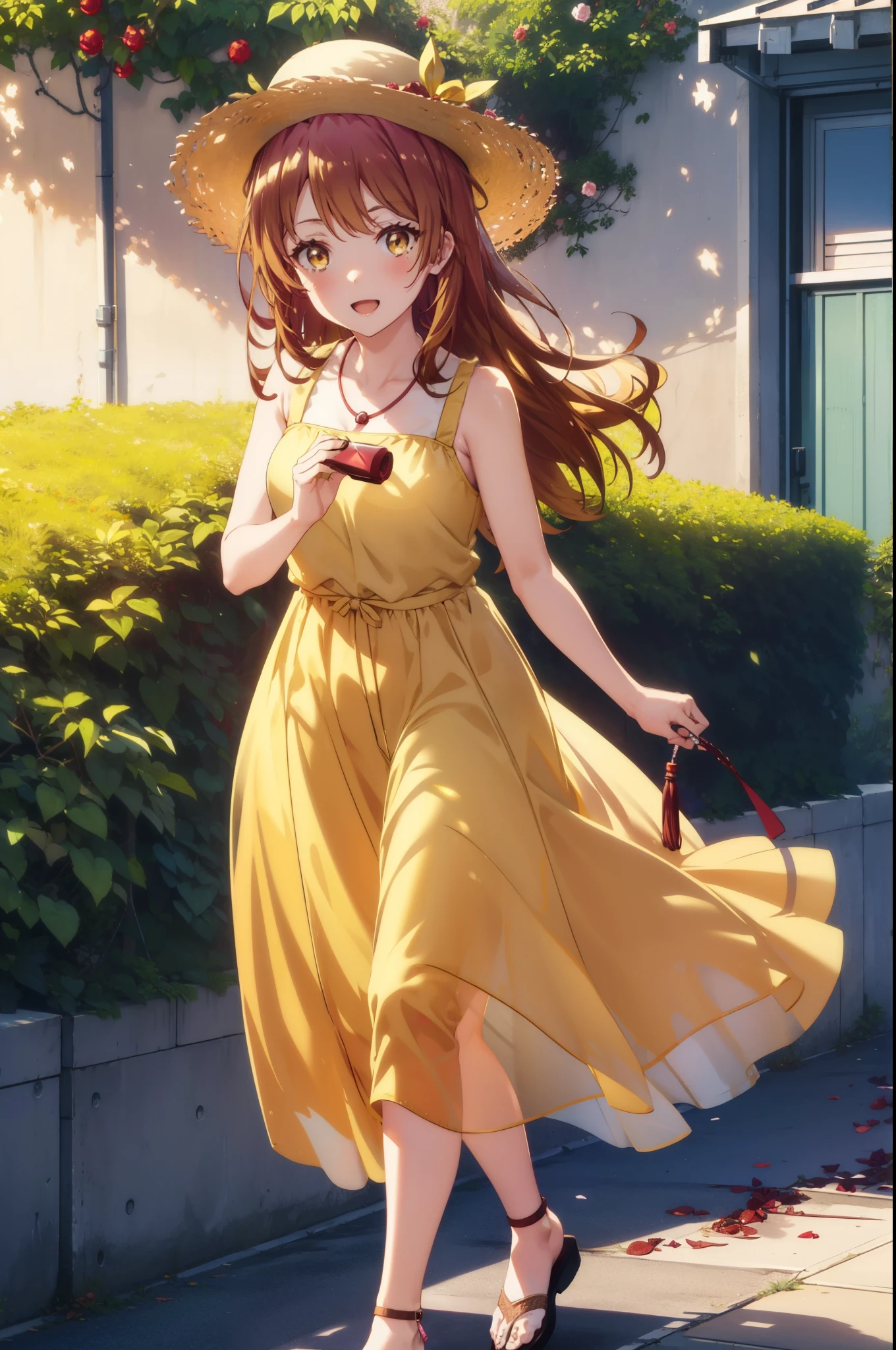 irohaisshiki, Isshiki Iroha, Long Hair, Brown Hair, (Brown ruby eyes:1.5), Sleeveless yellow dress,Yellow long skirt,Bare neck,Locket Necklace,Cute Sandals,Straw hat,happy smile, smile, Open your mouth,Daytime,Clear skies,True Summer,whole bodyがイラストに入るように,Walking,
break outdoors ,公園
break looking at viewer,whole body,
break (masterpiece:1.2), highest quality, High resolution, unity 8k wallpaper, (shape:0.8), (Beautiful and detailed:1.6), Highly detailed face, Perfect lighting, Highly detailed CG, (Perfect hands, Perfect Anatomy),