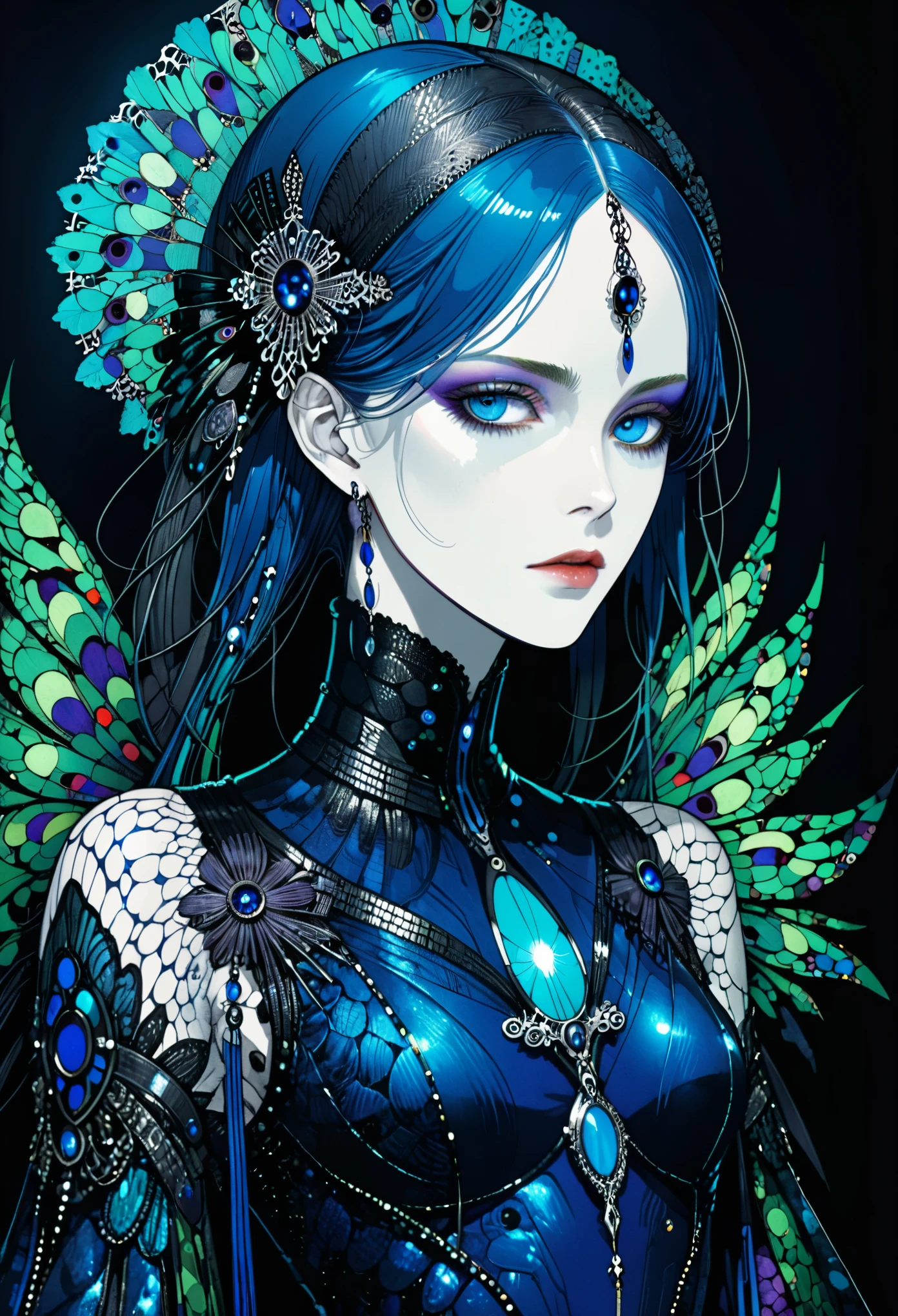 (in style of Harry Clarke:1.4),Character concept design,Cyberpunk style female character，Details: glowing dodgerblue eyes，Textured Skin，Gorgeous Clothing