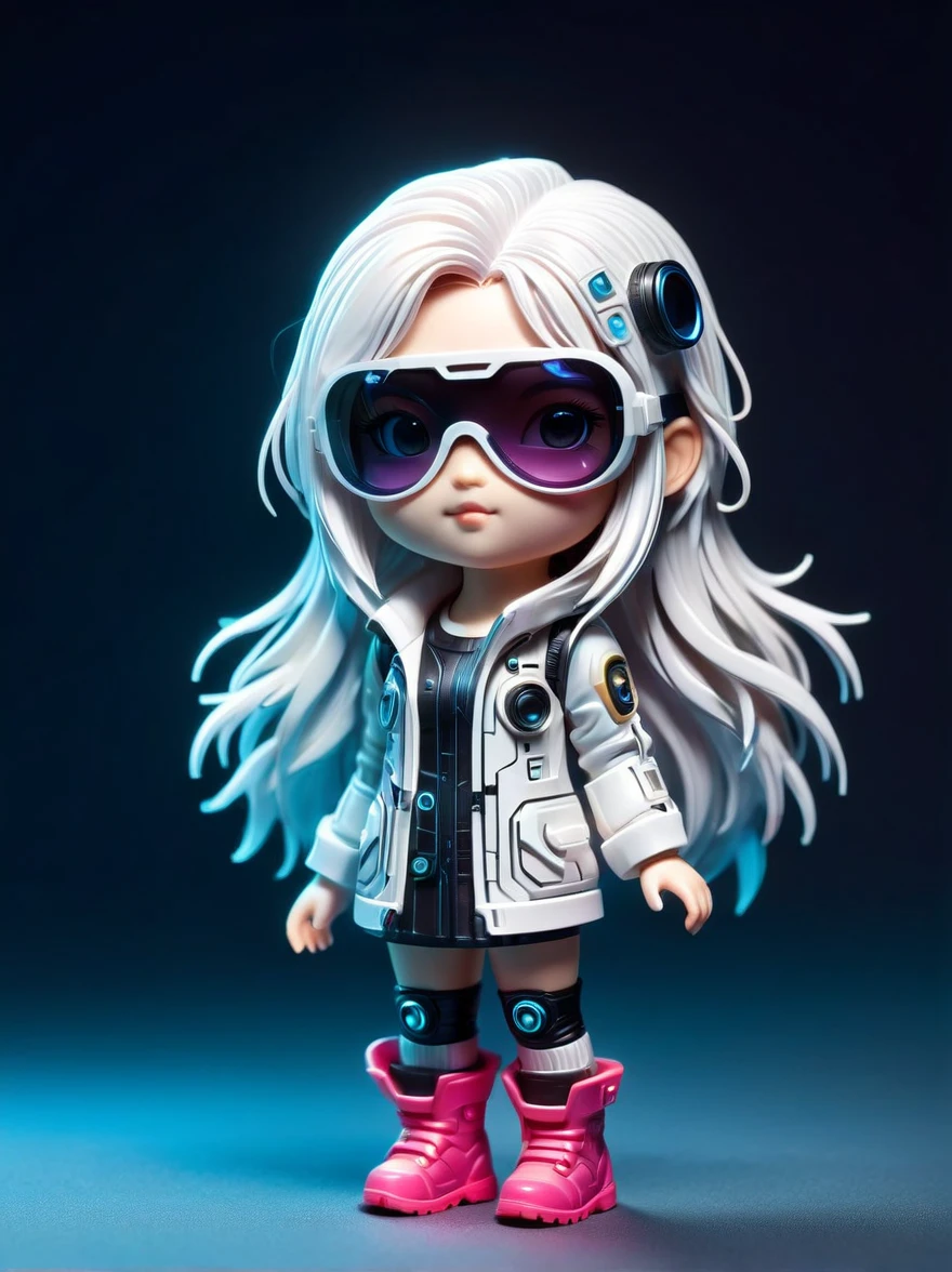 blind box,plastic toy,3D tous,IP model,A cute  girl of the world, white hair, tech goggles, a holo-glowing translucent jacket, Time travel device,a lot of decoration, precision mechanical parts, glossy materials, futuristic, cyberpunk,Pixar,resin material,full body,full Shot,Simple background,display lighting,volumetric lighting,3d,c4d,oc render,volume rendering,extremely detailed details,HDR,8K Resoulution