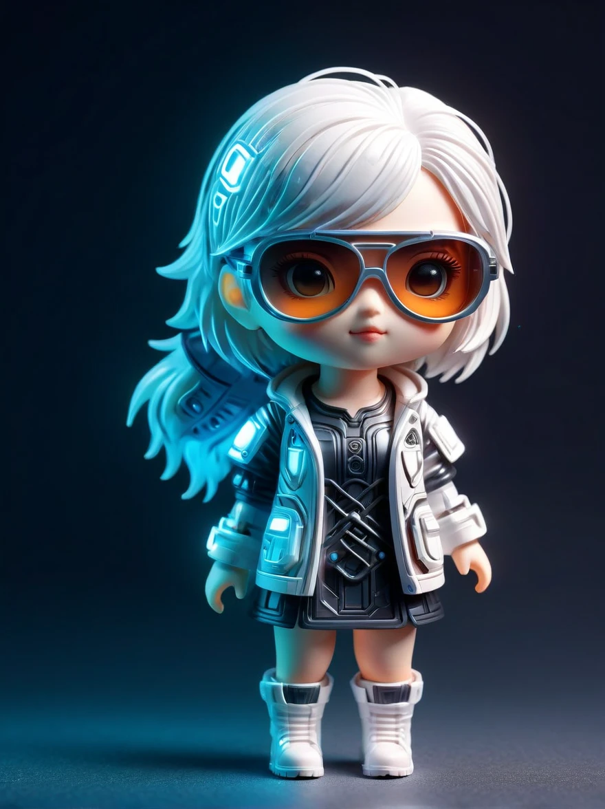 blind box,plastic toy,3D tous,IP model,A cute of the world, white hair, tech goggles, a holo-glowing translucent jacket, Time travel device,a lot of decoration, precision mechanical parts, glossy materials, futuristic, cyberpunk,Pixar,resin material,full body,full Shot,Simple background,display lighting,volumetric lighting,3d,c4d,oc render,volume rendering,extremely detailed details,HDR,8K Resoulution