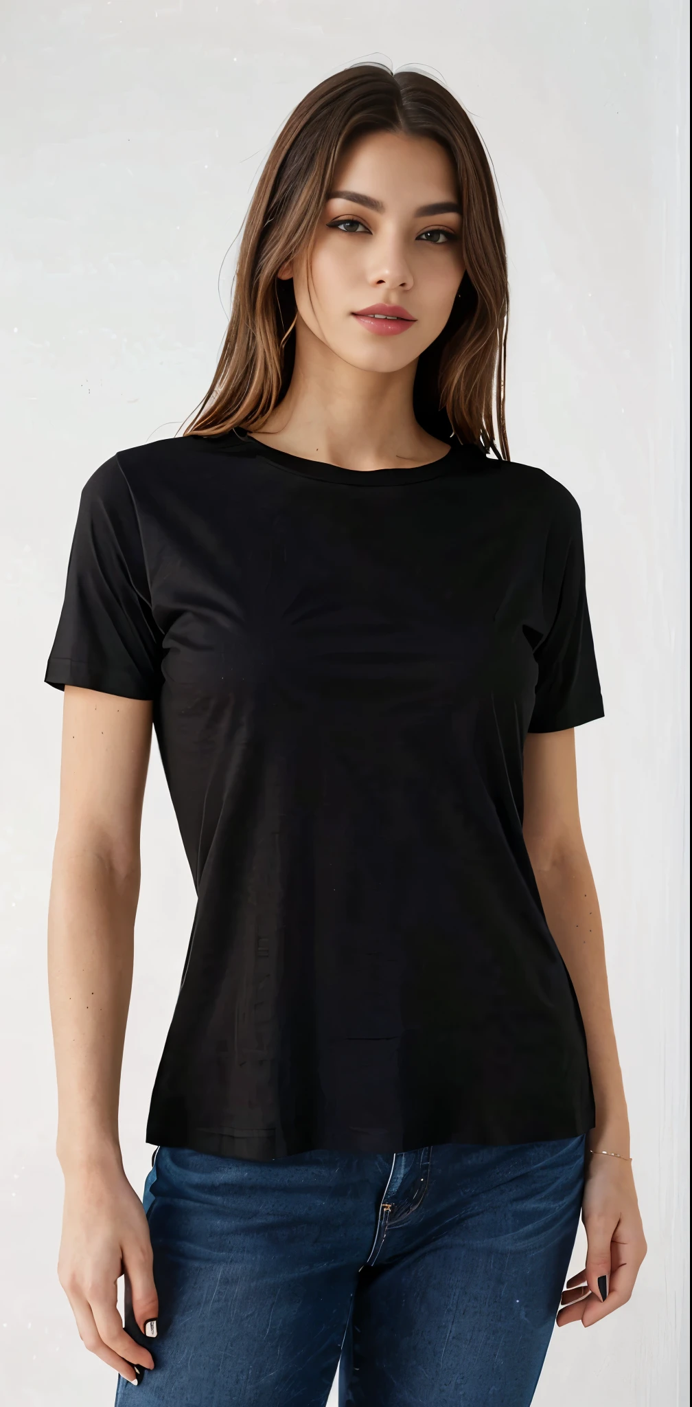 a woman linda wearing a camisa preta and jeans stands in front of a white background, wearing a Camiseta preta, vestindo uma camiseta preta, vestindo camiseta preta, camiseta preta, wearing a camisa preta, camisa preta, Camiseta preta, camiseta preta, Top preto, he is wearing a Camiseta preta, roupas pretas casuais