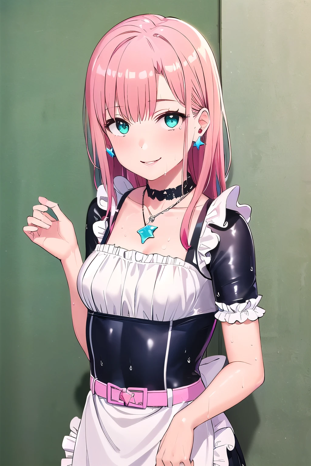 (8K, top-quality, masterpiece:1.2), (reallistic, Photorealsitic:1.37), Super Detail, One girl,), (Highly detailed), (beautifully detailed eyes), (of the highest quality), (super detailed ), (masterpiece), (Detailed face),20yr old, ,1 girl, ((pink hair,long hair)), medium breasts, clothed, Perfect Lighting, BREAK, (shiny neon pink green blue:1.5), (gradient color dress:1.4), (stars hearts glitter pattern:1.3), (glossy wet suit fabric:1.5), (short puffy sleeved bolero:1.2), (sheer lace trimmed camisole:1.2), (frilly sleeves sweetheart neckline blouse:1.3), (mini pleated skirt with apron belt:1.3), (bodycon fit silhouette:1.3), (knee high socks with frills:1.2), (clear platform loafers:1.2), (ribbon choker with charm:1.2), (star earrings heart necklace:1.2), (girly accessories:1.2), BREAK, (high quality:1.5), (upper body to knees:1.3), (long pink hair half up:1.2), (gentle smile:1.2), (slight blush:1.1), (turned head:1.1), (rolled up sleeves:1.2), (touching apron:1.2), (vintage wallpaper background:1.2), (soft natural light:1.2)