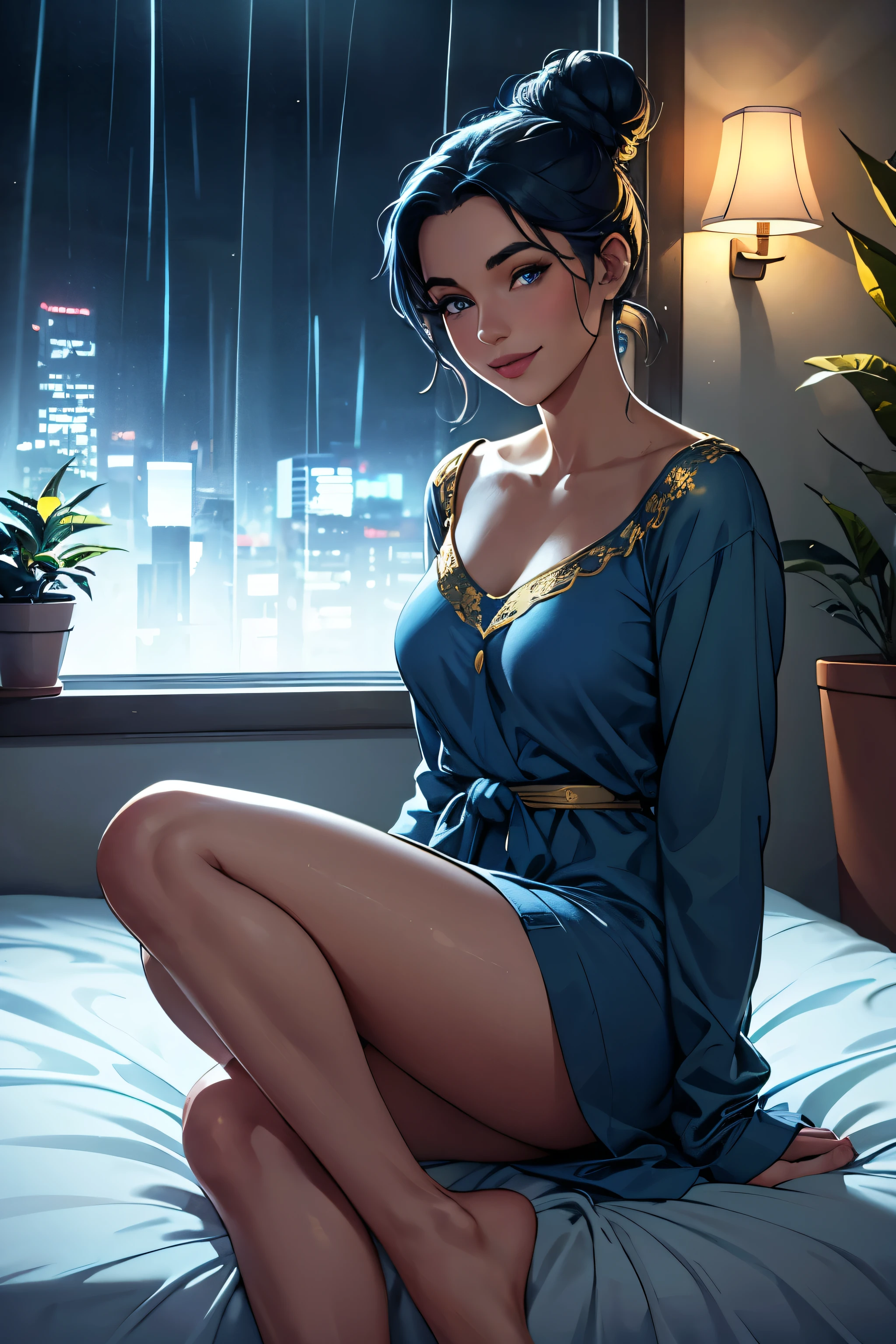 Girl looking out of window, pretty smile , full body shot, cosy bed, resting puppy, wearing blue and gold top, detailed blue eyes and lips, hair tied in bun, night lights, mood lighting, cosy, raining outside, plants in room
