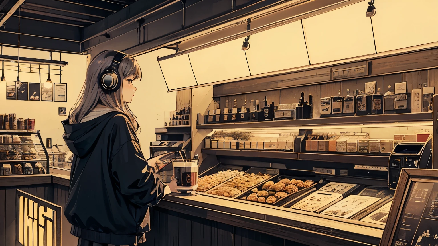 1 girl, 90s anime style, night, , 都会のnight景、Girl wearing headphones, late night , Listening to music alone, City Pop, high quality, Detailed finger shapes、Natural finger shape、Lo-Fi, Chill, late night,Urban Cafes、 coffee shop, Dark interior,nightのカフェ futuristic night view outside the window, Dark Room