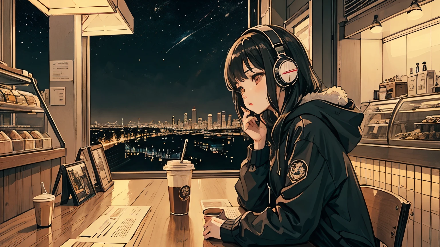 1 girl, 90s anime style, night, , 都会のnight景、Girl wearing headphones, late night , Listening to music alone, City Pop, high quality, Detailed finger shapes、Natural finger shape、Lo-Fi, Chill, late night,Urban Cafes、 coffee shop, Dark interior,nightのカフェ futuristic night view outside the window, Dark Room