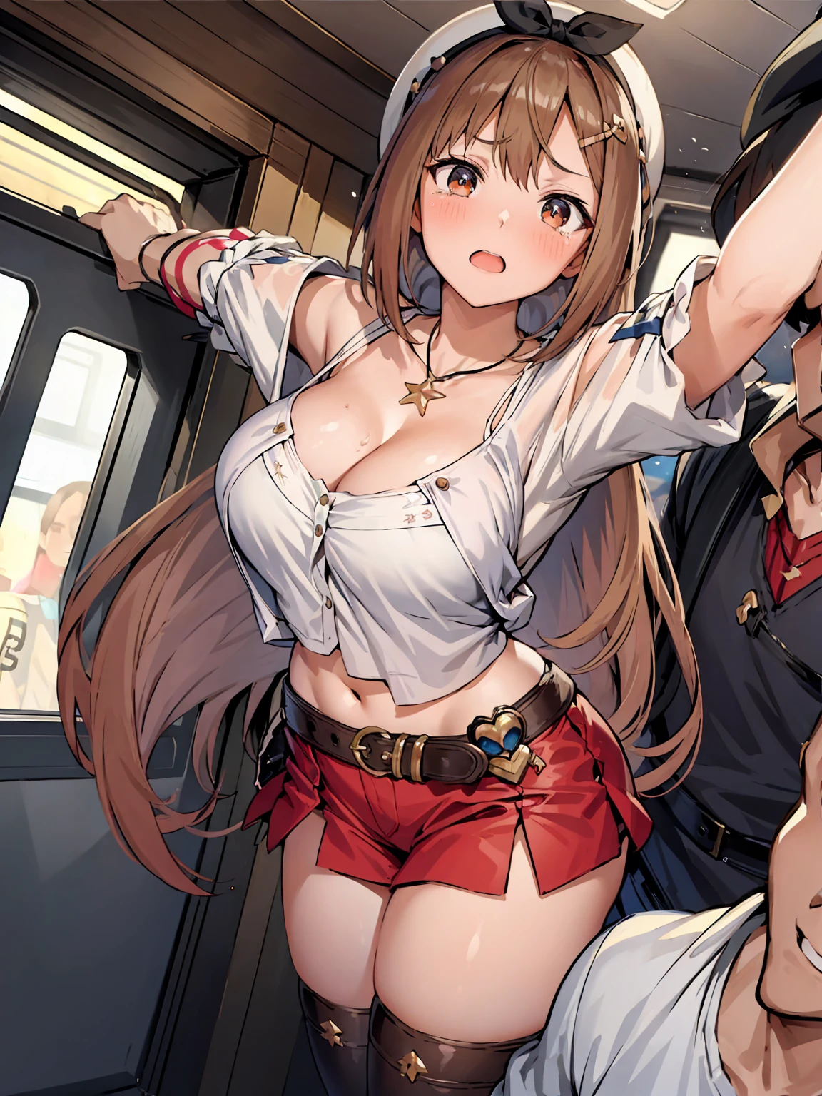 crowded train、One Woman、Cute Woman、A large number of passengers、Thick thighs、Best image quality、High resolution、masterpiece、super high quality、Pink Bra、Pink Panties、Big Ass、Large Breasts 、Blushing、4K quality、Reached orgasm、Wearing black knee socks、Heavy breathing、From directly below、from directly below、, 1girl, arm up, 1man, {{{man put hands on girl’s crotch}}}, train interior, crowded, weep face、(Positive prompt)
(1 girl)++, (masterpiece)+++, (best quality)+++, (ultra cute kawaii)+++, love live!, anime colored, , tears, (steam)+++ , be molested ,feigned ignorance, wearing blazer whiteshirt ,checked skirt , (turn up a shirt), misaligned bra ,arched back, crowded train, (many man standing behind girl )++, dynamic pose, Dynamic hand movements, (breast grab)+++, man's arm grabbing a girl's tits, (frying hands), (floating hands), (grabbing from behind),