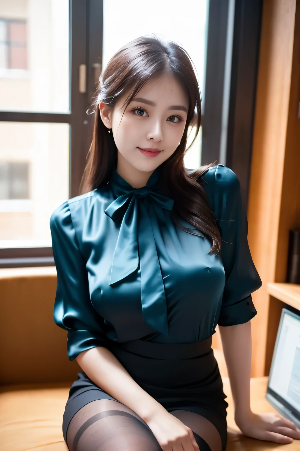 ulzzang-6500-v1.1, (RAW Photos:1.2), (Photorealistic), (See-through:1.3), (Mastepiece), (Genuine:1.4), (1Elite girl)、22 years old, Blue Eyes of the Sea(Eye details), A shy smile、(I wear my hair up and tied up)、(Elegant silk blouse:1.3), (Ultra-realistic pantyhose:1.2), (flare skirt:1.2), sit in an office and work at a desk、Realistic skin texture、Glowing Skin、Exposed thighs!!! , Makeup、