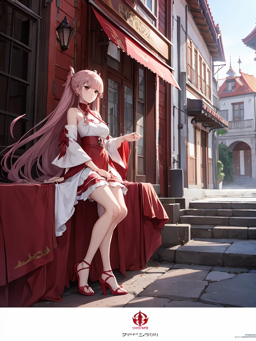 anime girl en robe rouge tenant une épée et portant des talons hauts, concept art inspired by Li Chevalier, tendance sur pixiv, arabesque, Ayaka genshin impact, Ayaka jeu genshin impact, du jeu vidéo Azur Lane, cushart krenz art key female, female protagonist 👀 :8, uniforme rouge, style voie d'azur