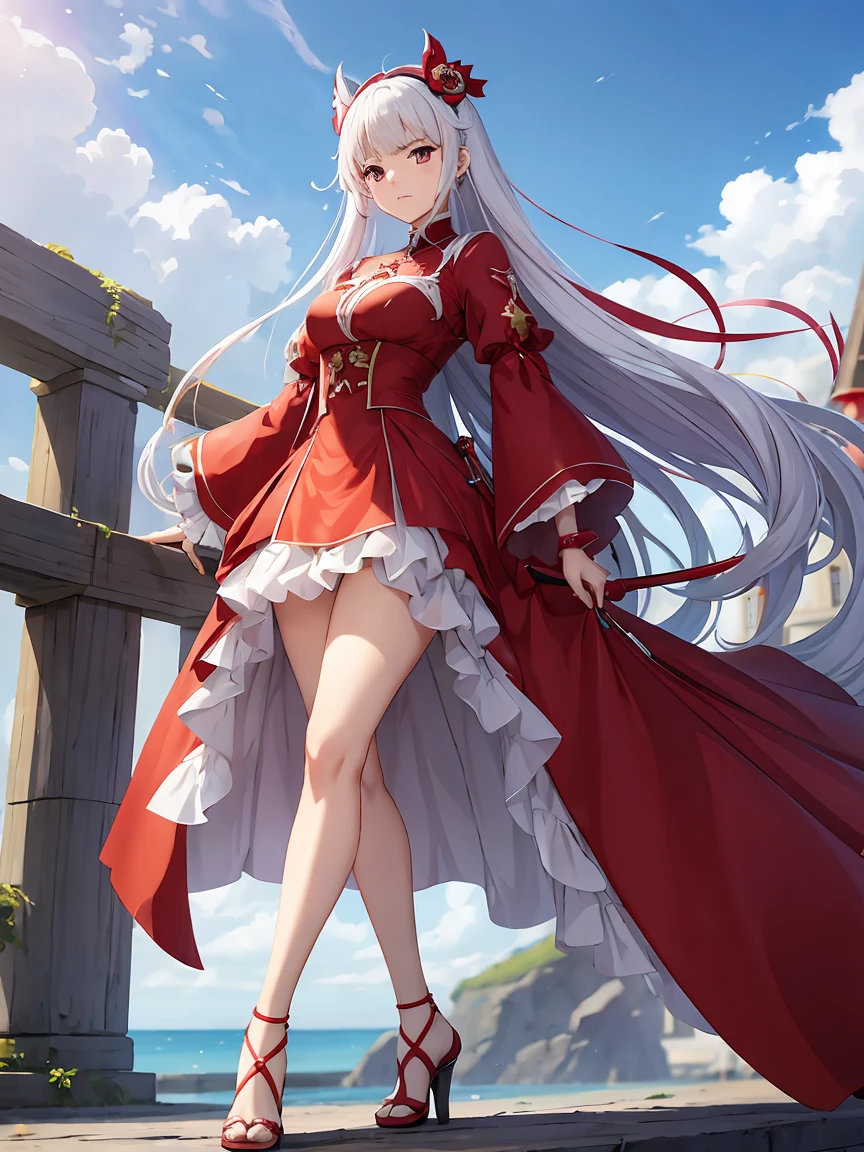 anime girl en robe rouge tenant une épée et portant des talons hauts, concept art inspired by Li Chevalier, tendance sur pixiv, arabesque, Ayaka genshin impact, Ayaka jeu genshin impact, du jeu vidéo Azur Lane, cushart krenz art key female, female protagonist 👀 :8, uniforme rouge, style voie d'azur
