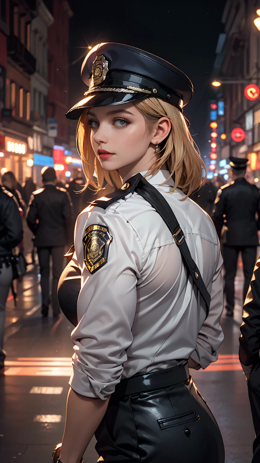 alone, (Police uniform, Female police officer), stockings, City lights, (Looking at the audience: 1.3), Release your lips, Red lips, Shiny skin, Skin dents, highest quality, Ultra-high resolution, (realism: 1.4),