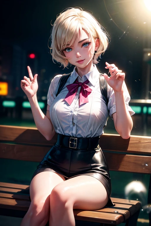 Merlyn Monroe , hands up, western cartoon style, sitting, light smile, collared shirt, (pubic hair) park bench, facing viewer, , outdoors, water drop on skin, wet hair, photorealistic, lifelike rendering, (depth of field:1.2), bokeh, (film grain:1.4), ultra wide angle, dramatic composition, portrait of the most beautiful form of chaos, elegant, cartoon style, , hyper maximalist, ((long exposure)),(neon light), out of focus, cinematography, aura volumetric lights