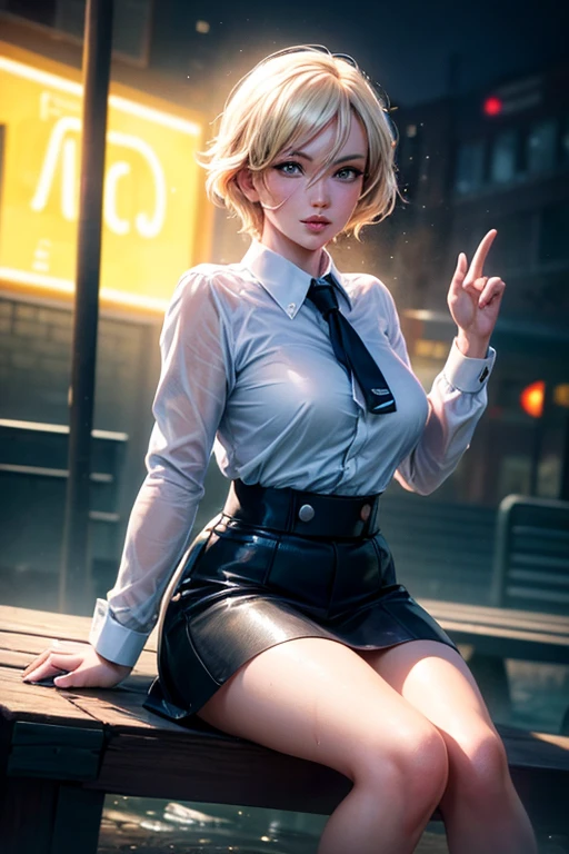 realistic , 1girl as shiraki meiko,hair bun, glasses,school uniform, black thighhighs, plaid skirt, knee boots, ribbon choker, brown jacket black bodysuit, sweat droplet over body, unzipped,striped, midriff, detailed eyes, detailed face, detailed skin,mature body, tall body,seductive body,medium big breast, wearing mini skirt dress, touching the floor squatting, with the gaze fixed on the viewer, sweat drops,