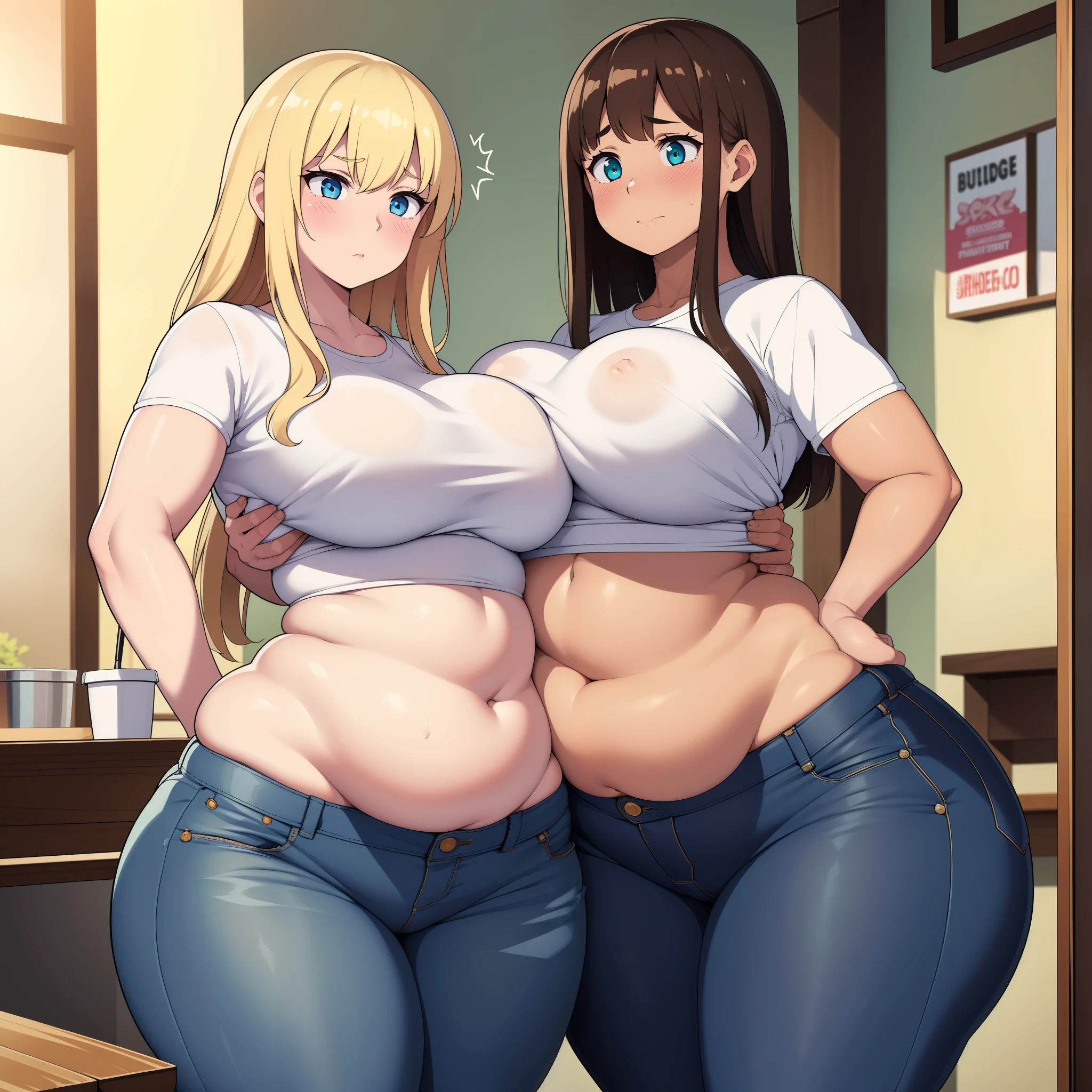 ((highres)), Masterpiece, high quality, best quality, beautiful, perfect lighting, detailed face, ultra cute face, (((2girls))), ((blush)), embarrassed, skindentation, tight clothes, fast food restaurant, touching each other, bump,
one girl has blonde hair, blue eyes, crop top and shorts, large breastde hips)), ((thick thighs)), plump,
one girl has brown hair, green eyes, jeans, white shirt, medium breasts, (wid, (((thick thighs)), chubby,