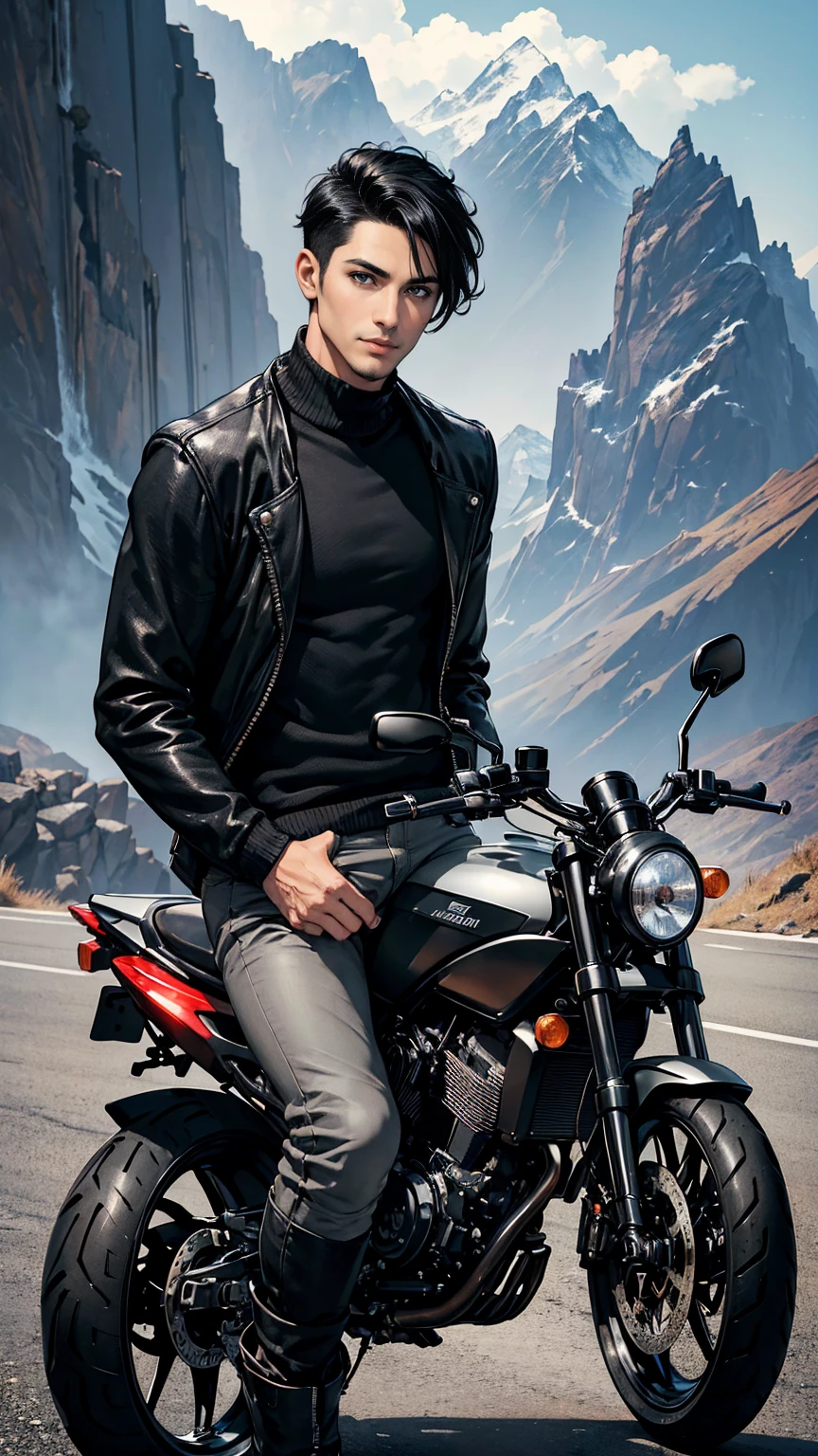 (masterpiece, Best quality, high resolution, ultra detail), (beautiful and aesthetic: 1.2), ((1 man)) ((black hair)), ((short hair)), ((Gray eyes)), Male focus, (slight smile: 0.8), detailed eyes and face, trousers, sweater, boots, urban style, motorcycle, ride in the mountains, mountains, road,1guy