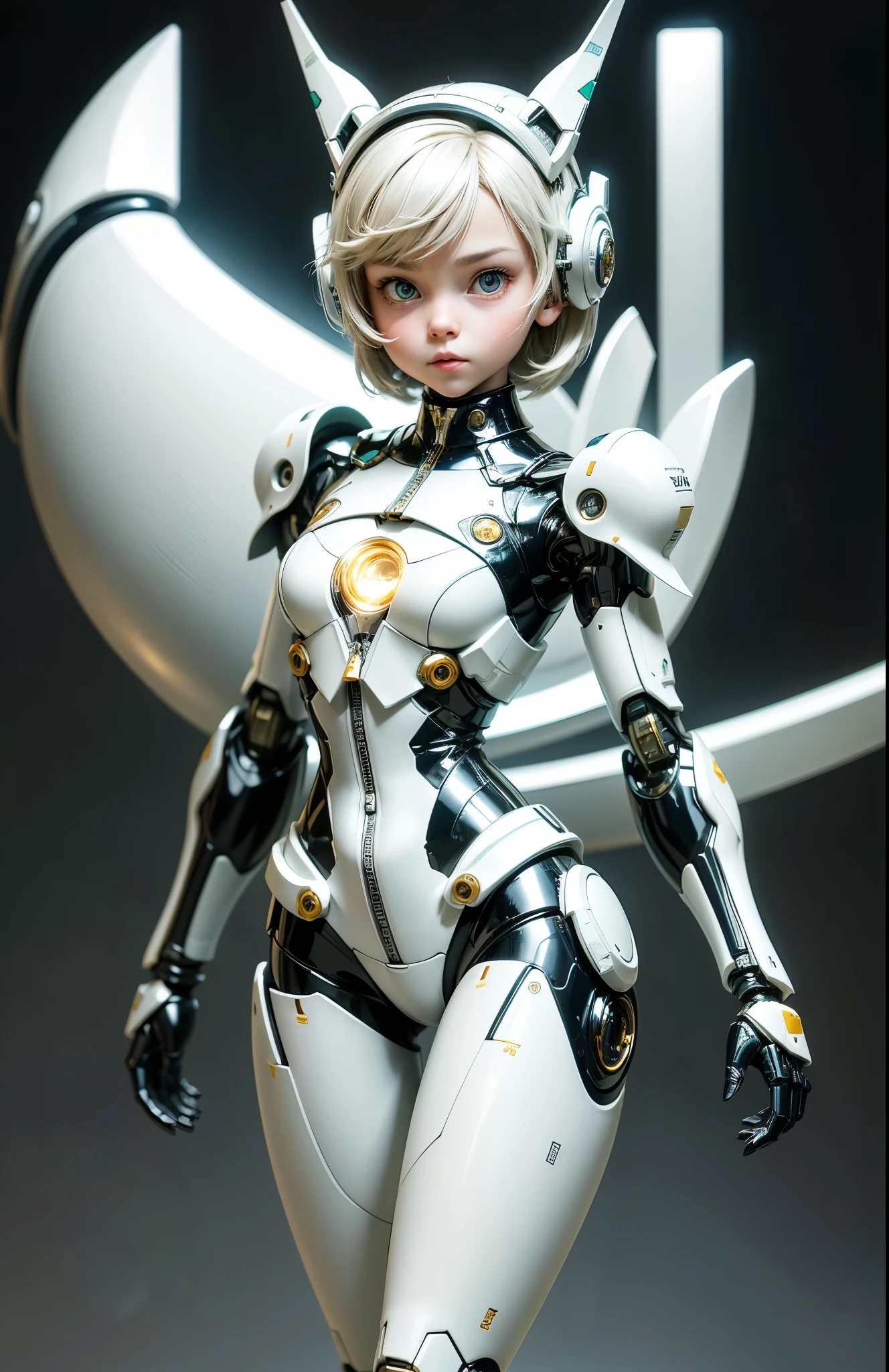 Very cute human 8 girl face, doll-like body with robot arm, robot waist and legs, very cute and feminine, short, , small, full hip, medium bust, tight-fitting white armor, cleavage, flat belly visible, helmet with antenna, robot joint, very stylish, Black rubber bodysuit with zipper