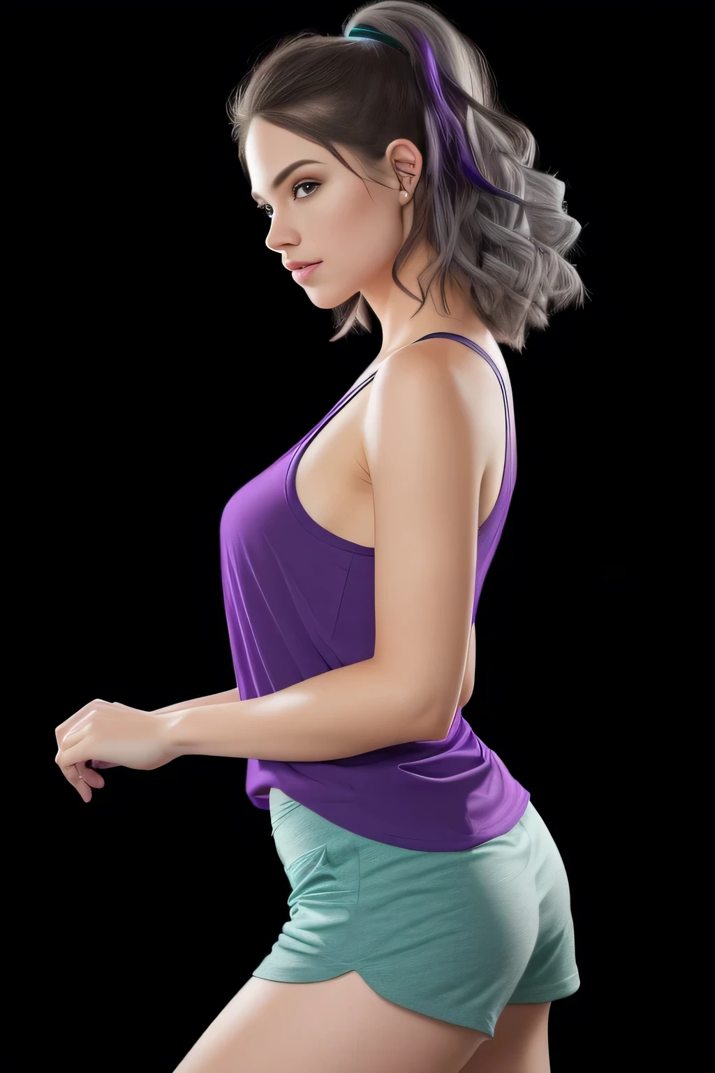 there is a woman in a purple shirt posing for a photo in a purple shirt, arms to the side, arms behind the back, side pose, half body photo, half body photo close up, back photo, upper body photo , toned arms, mid body photo, half body shot, half body shot, looking from the side!, bent arm pose! black background. She is wearing a vibrant purple sports tank top and mixed shorts (((blue-gray-green-black))), suggesting an active lifestyle or athletic attire for working out. Sharp photo, high quality, high resolution (ultra quality masterpiece), Ultra HD, high contrast, 16K. Masterpiece: 1.3, high resolution, (photographically realistic), NUDE, NUDITY, NFSW.