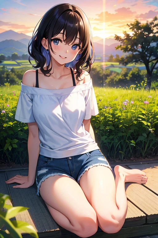 CG, Unity, 8k, wallpaper, highest quality,sunlight、Perfect lighting、 masterpiece, haruka amami, (smile: 1.2), 1 high school girl、Black Hair、Curly Hair、Blue Eyes、Dense lips、Light blue T-shirt、Off the shoulder、 BREAK denim shorts, barefoot, Thighs, Best lighting, Complex pupil, Complex weaving, Detailed Background, Japanese countryside, evening、Sunset