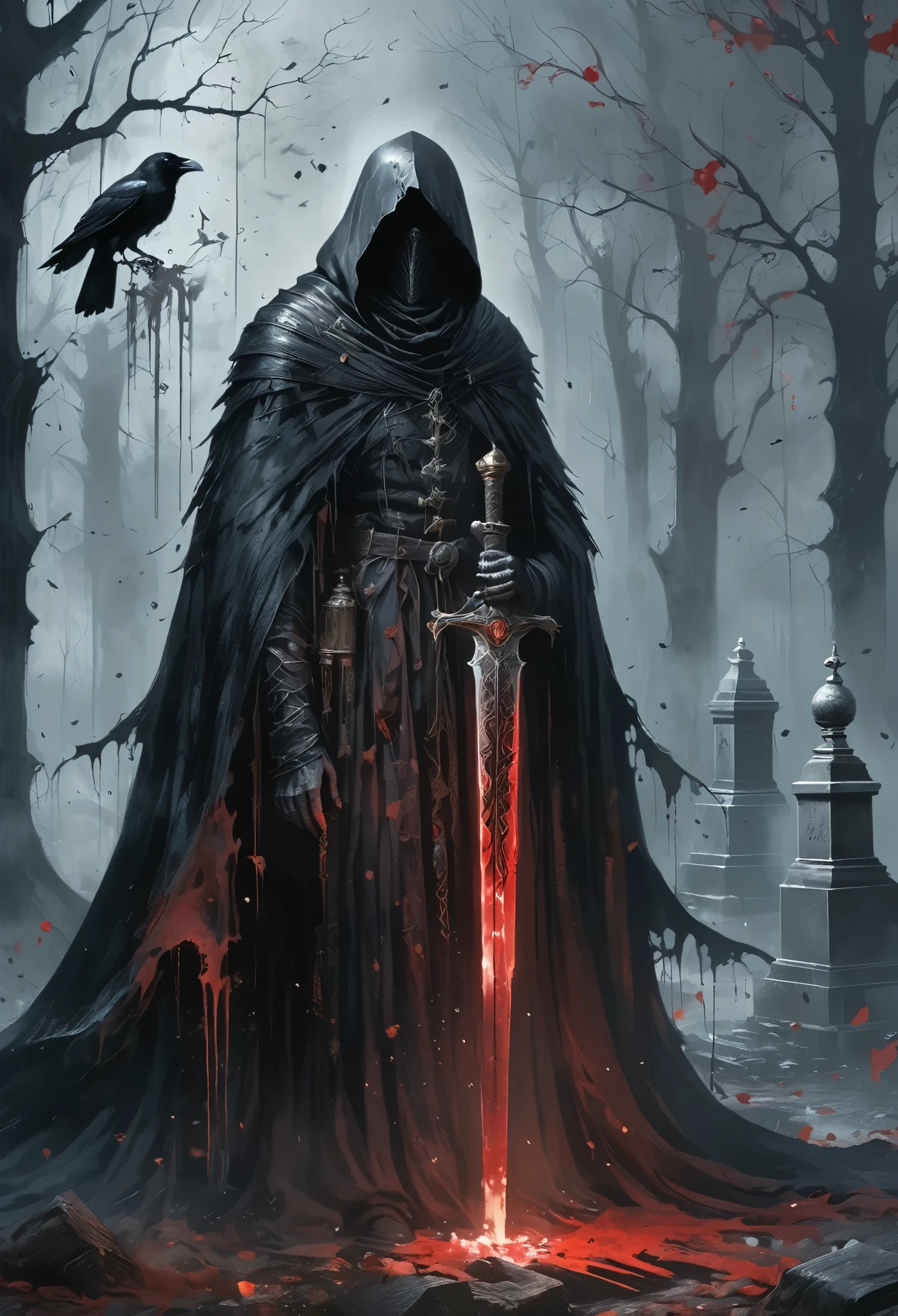 A person wearing a cloak, holding a sword, a lantern, with a red aura emanating from it, surrounded by black candles, blood spattered everywhere, its flowing, exquisite details, in 8k resolution (best quality, 8k, highres, ultra-detailed), with a magical touch (magical power), hauntingly dark (dark ambiance), and an aura of mystery.crow,Skeleton,Cemetery,tombstone,fear