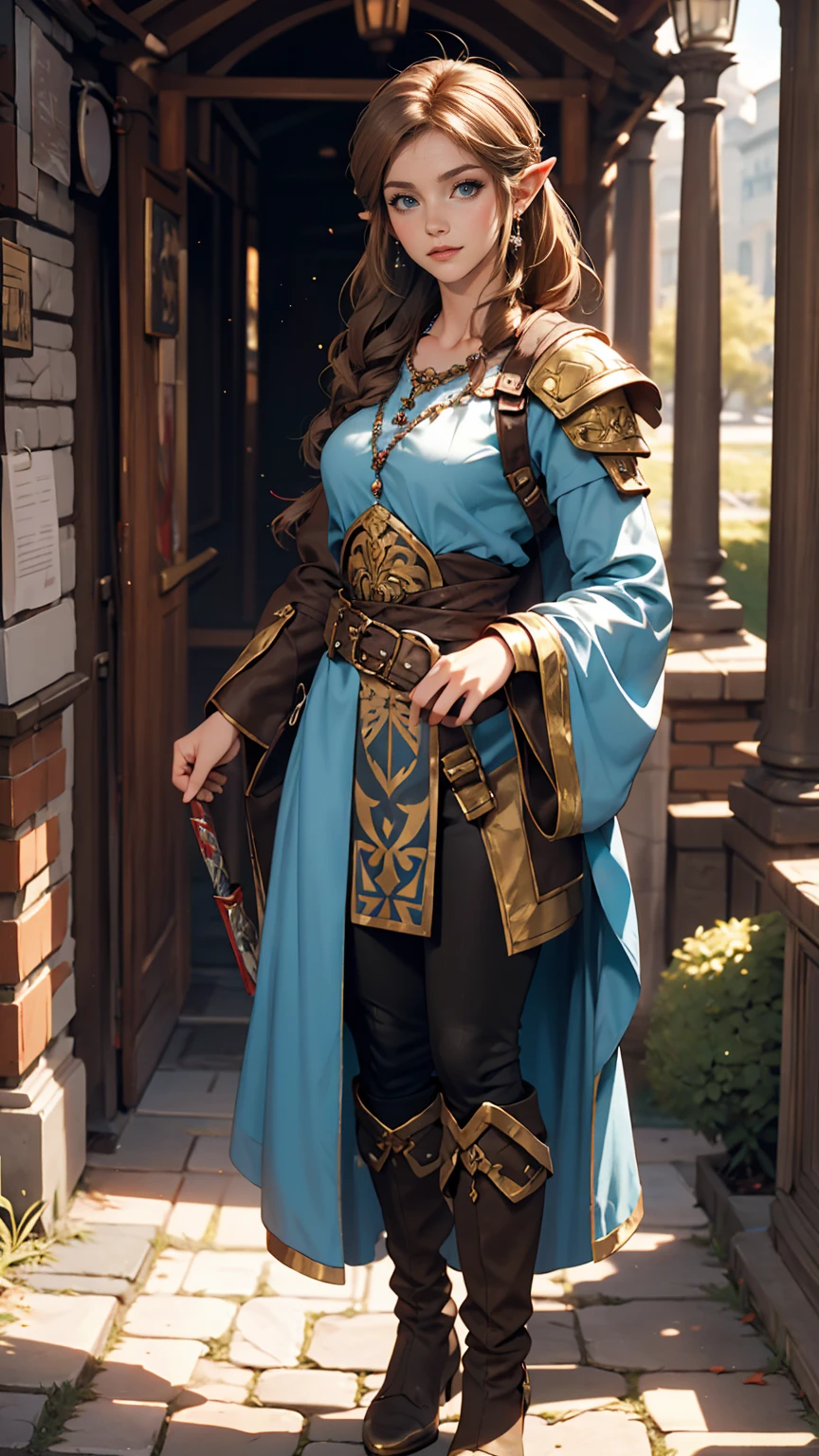 Princess Zelda full body shot, Brown Hair, blue eyes, Dressed as an Assassin's Creed Assassin, white+金色でwhiteいマスクと金色のディテールが施されたフード, XL Bust, Using the Wrist Blade. background: Renaissance city. Unreal Engine 5, anime, anime style, masterpiece, Well drawn eyes, Well-drawn faces, 細部までWell drawn eyes, Well-drawn faces, 8k, Light and shadow effects.
