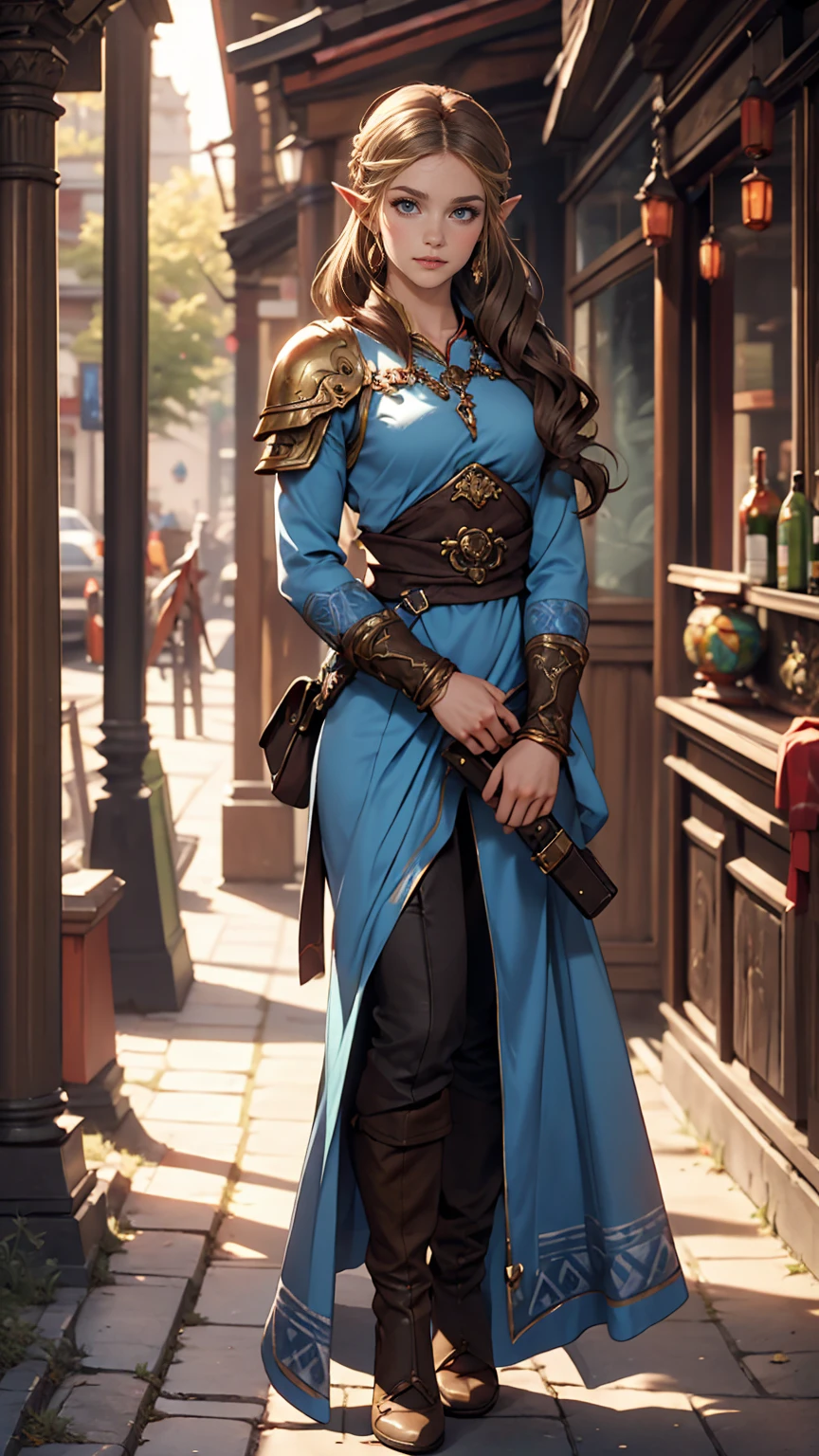 Princess Zelda full body shot, Brown Hair, blue eyes, Dressed as an Assassin&#39;s Creed Assassin, white+金色でwhiteいマスクと金色のディテールが施されたフード, XL Bust, Using the Wrist Blade. background: Renaissance city. Unreal Engine 5, anime, anime style, masterpiece, Well drawn eyes, Well-drawn faces, 細部までWell drawn eyes, Well-drawn faces, 8k, Light and shadow effects.  
