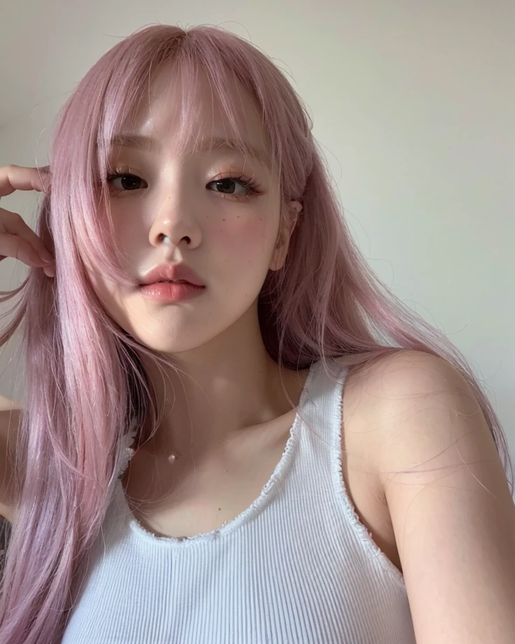 a close up of a woman con cabello rosado wearing a white tank top, Cabello Liso Rosa, con cabello rosado, Lalisa Manobal, Cabello rosado que fluye, Lalisa Manoban de Blackpink, bella delfina, tono de piel rosa pastel, jossi de blackpink, long Cabello rosado que fluye, parque roseanne de blackpink, cabello rosa claro, pelo largo con colores pastel