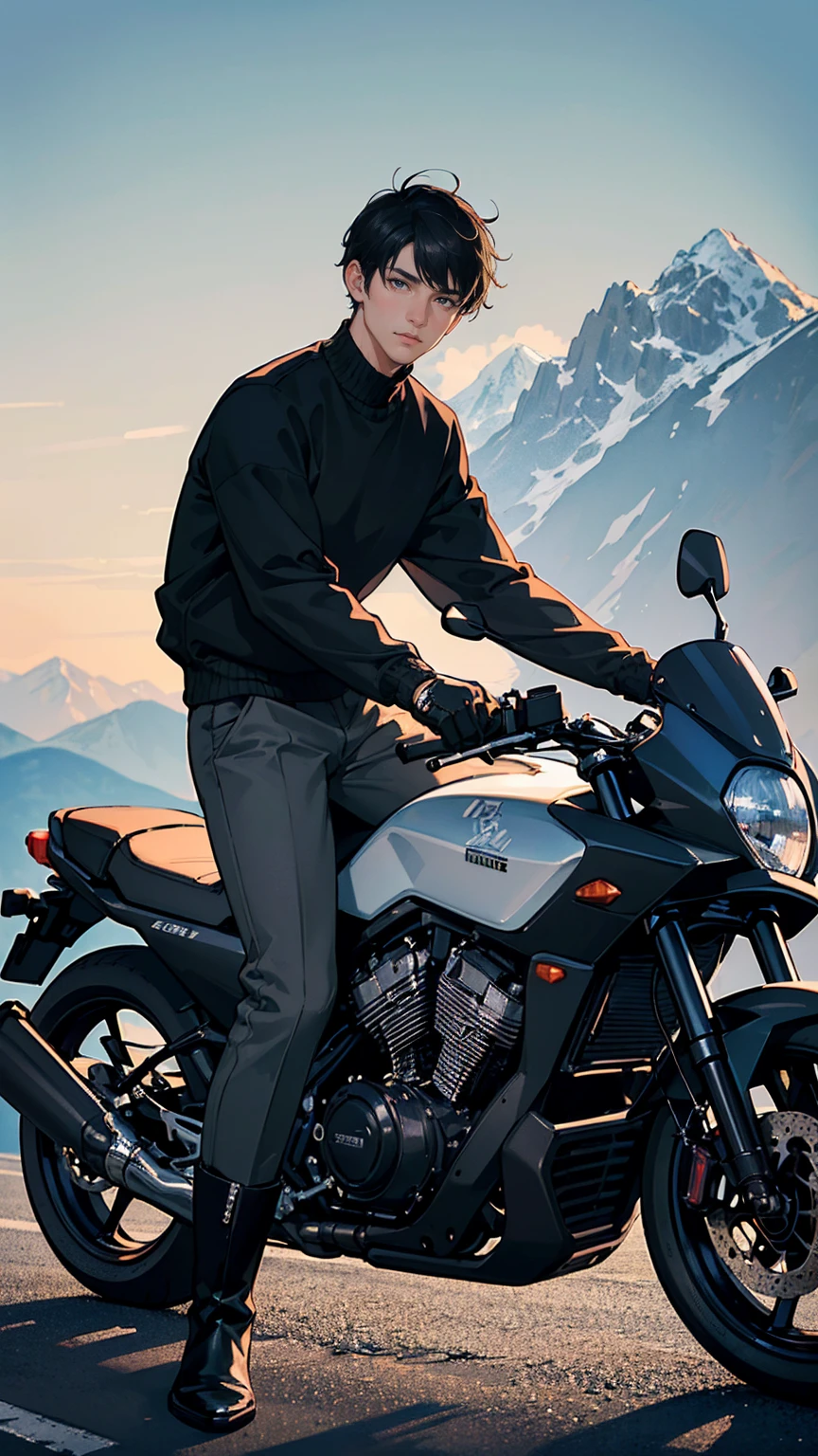 (masterpiece, Best quality, high resolution, ultra detail), (beautiful and aesthetic: 1.2), ((1 man)) ((black hair)), ((short hair)), ((Gray eyes)), Male focus, (slight smile: 0.8), detailed eyes and face, trousers, sweater, boots, urban style, motorcycle, ride in the mountains, mountains, road,1guy