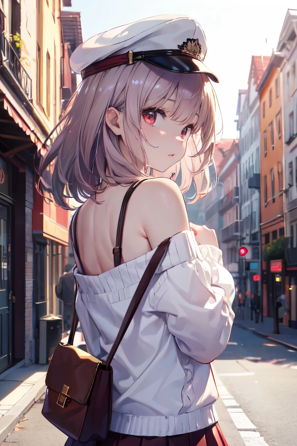 (Close-up:1.3),Realistic,highest quality, Super detailed, High-quality CG rendering, The most delicate and beautiful, Floating softly, High resolution, (1 girl), (highest quality,4K,8k,masterpiece:1.2), Light purple hair,Long Hair,Red eyes,(Light brown jumper skirt:1.3),(Pure white cap:1.3),In the city,old buildings,(Upper Body:1.3),(Turn your back to your audience:1.3),Ass,(Small shoulder bag:1.3)