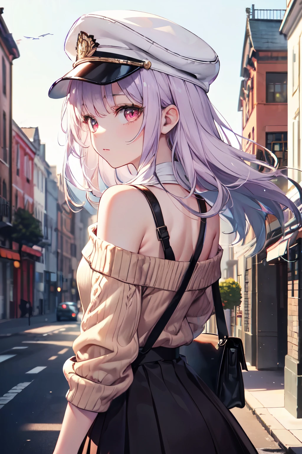 (Close-up:1.3),Realistic,highest quality, Super detailed, High-quality CG rendering, The most delicate and beautiful, Floating softly, High resolution, (1 girl), (highest quality,4K,8k,masterpiece:1.2), Light purple hair,Long Hair,Red eyes,(Light brown jumper skirt:1.3),(Pure white cap:1.3),In the city,old buildings,(Upper Body:1.3),(Turn your back to your audience:1.3),Ass,(Small shoulder bag:1.3)