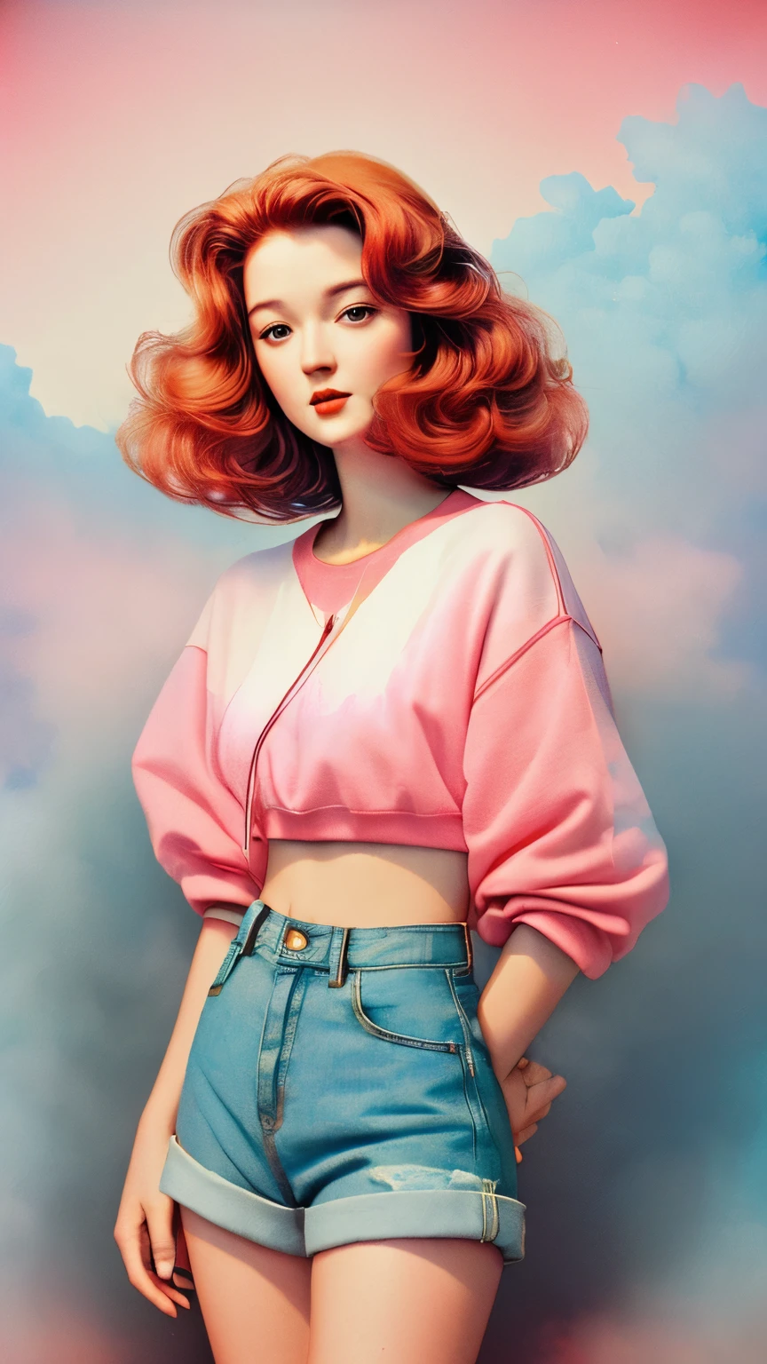 ((line art)), A woman combination Young woman (Blake Lively:0.6), (Meryl streep:0.9), (Gielle Bundchen:0.7), red hair, thin, body, small smile, ((heavy gaussian blur)), ((soft lighting)), (((extremely hazy:1.2))), ((film grain)), (extremely bright), vintage film, (dreamy atmosphere), bright vivid colors,
Wearing a charcol collored sweatshirt, Jean shorts, sneakers,