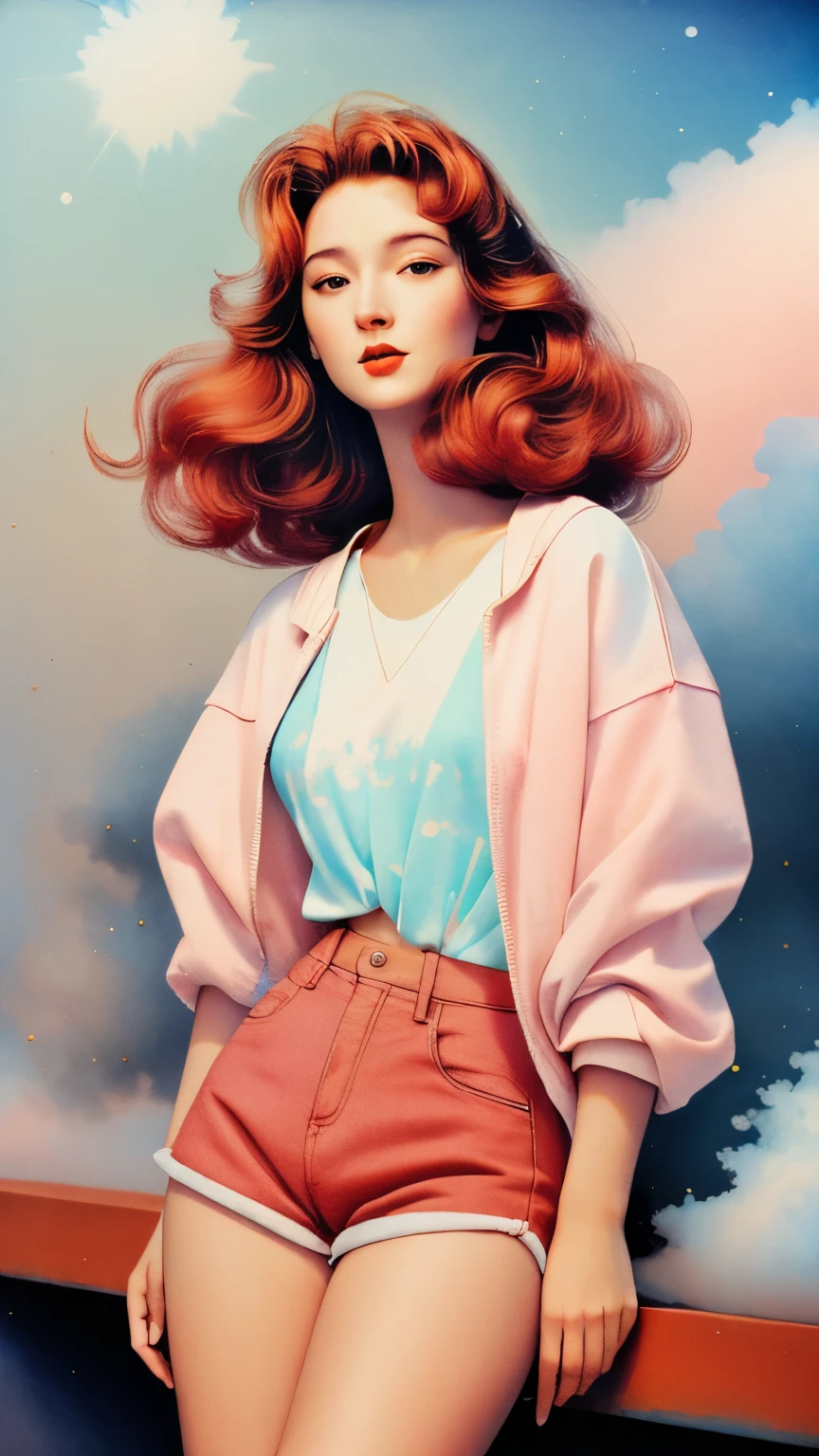 ((line art)), A woman combination Young woman (Blake Lively:0.6), (Meryl streep:0.9), (Gielle Bundchen:0.7), red hair, thin, body, small smile, ((heavy gaussian blur)), ((soft lighting)), (((extremely hazy:1.2))), ((film grain)), (extremely bright), vintage film, (dreamy atmosphere), bright vivid colors,
Wearing a charcol collored sweatshirt, Jean shorts, sneakers,
