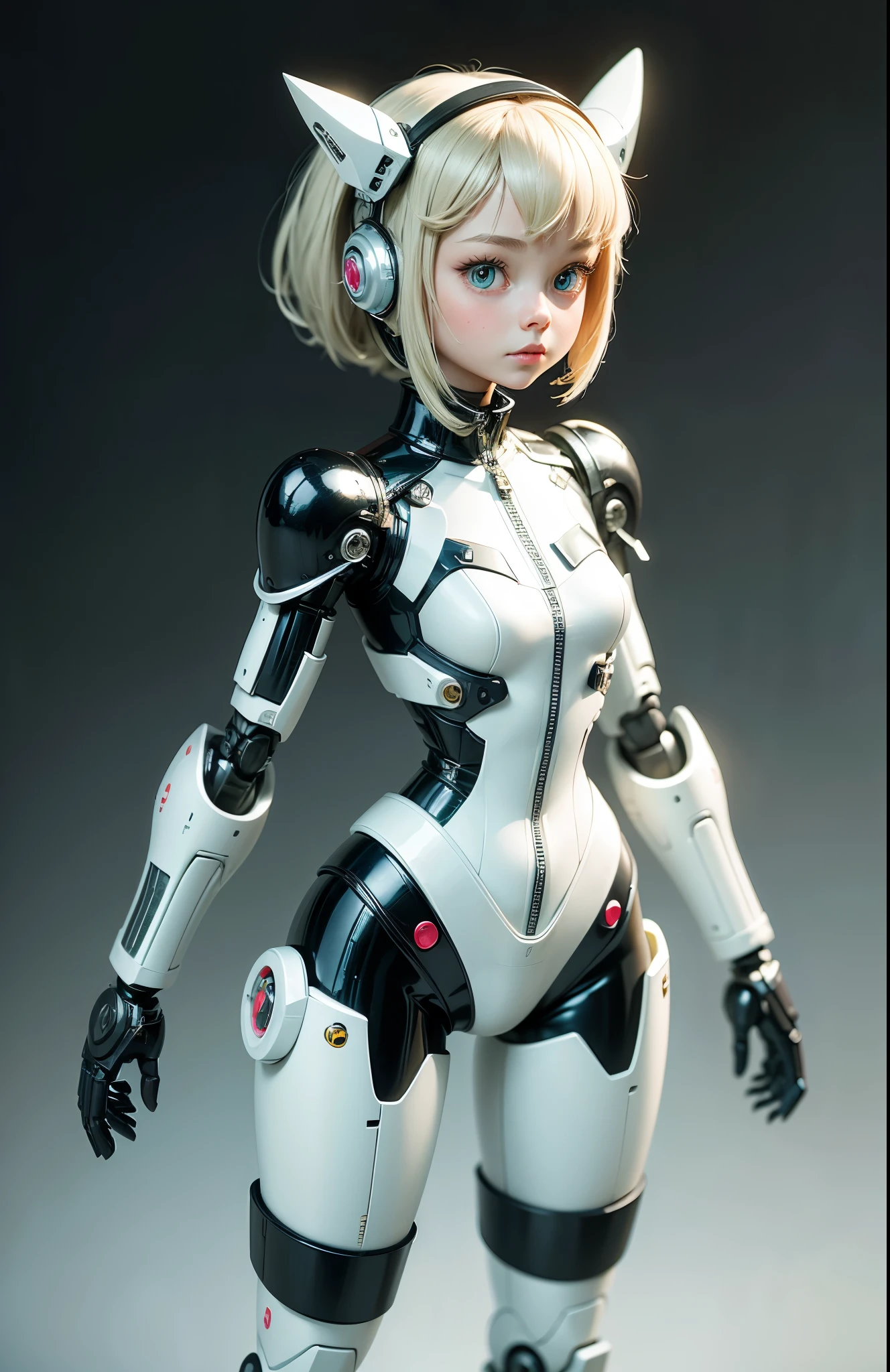 Very cute human 8 year old girl face, doll-like body with robot arm, robot waist and legs, very cute and feminine, short, , small, full hip, medium bust, tight-fitting white armor, cleavage, flat belly visible, helmet with antenna, robot joint, very stylish, Black rubber bodysuit with zipper
