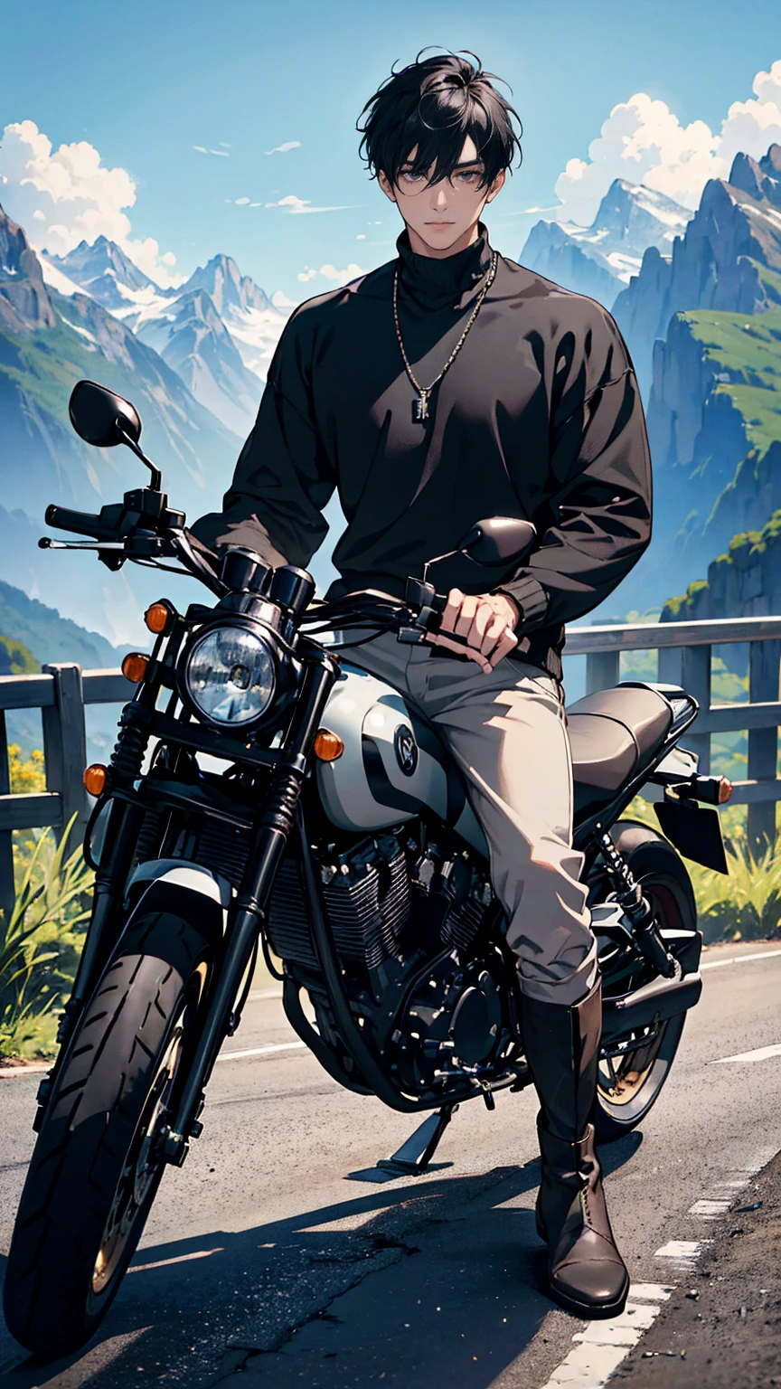 (masterpiece, Best quality, high resolution, ultra detail), (beautiful and aesthetic: 1.2), ((1 man)) ((black hair)), ((short hair)), ((Gray eyes)), Male focus, (slight smile: 0.8), detailed eyes and face, trousers, sweater, boots, urban style, motorcycle, ride in the mountains, mountains, road,1guy