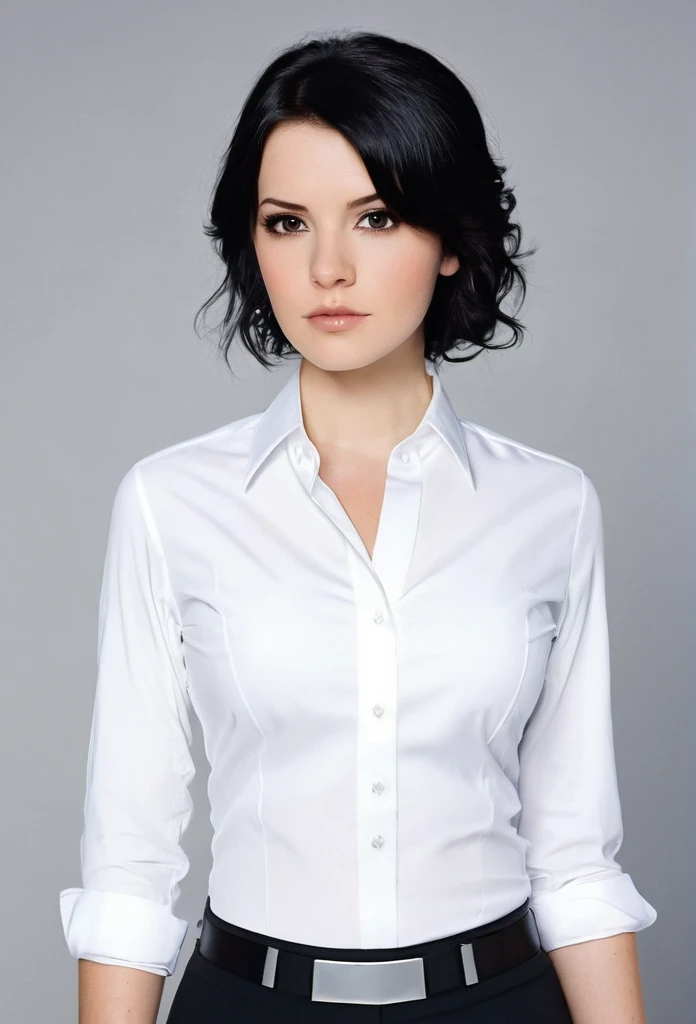 brown eyes, tall woman, black hair, short hair, fair skin, white skin, perfect face, perfect body, white dress shirt, black tie, black dress pants, star wars universe, blaster(star Wars)
