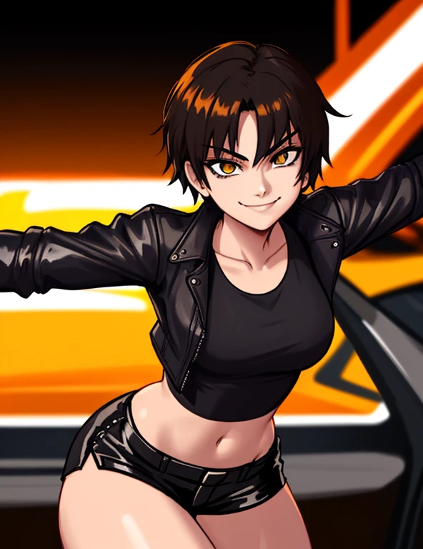 1girl, solo, masterpiece, very detailed, Reiko Nagase, black leather jacket, orange tank-top, midriff, gloves, black short-shorts, street race, bokeh effect, rich color saturation, looking at viewer, eye contact, arrogant smile, dynamic pose