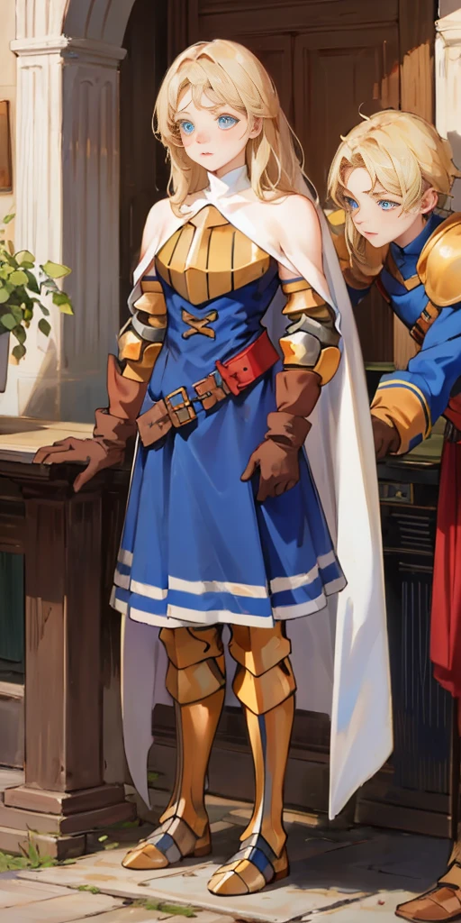 (masterpiece, best quality), 1girl, KnightFFT, long hair, blonde hair, blue eyes, cape, armor, blue dress, belt, gloves, boots