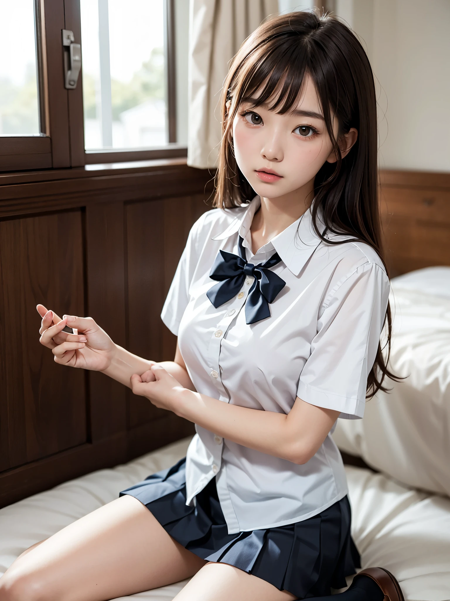 ((top-quality、​masterpiece))、(Full body standing shot:1.4)、、(arms behind back,:1.4)(Surreal girl in schoolgirl uniform Japan:1.3), (White shirt short sleeves:1.2), (Thin bow ribbon:1.2)、(Short skirt 1.2)、(slender:1.2)、(small tits:1.2)、(masutepiece, Best Quality:1.2), 8K, 15yo snt, 85 mm, Official art, Raw photo, absurderes,(Sadness face:1.3),(Sad face:1.3), (Frightened face:1.3)、 close up, Upper body, violaceaess, gardeniass, Beautiful Girl, School uniform, (Navy pleated skirt:1.2), (Sitting on a bed in a dark room:1.4), Looking at Viewer, No makeup, Skinny Fingers, Film grain, chromatic abberation, Sharp Focus, face lights, clear lighting, Teen, Detailed face, Bokeh background