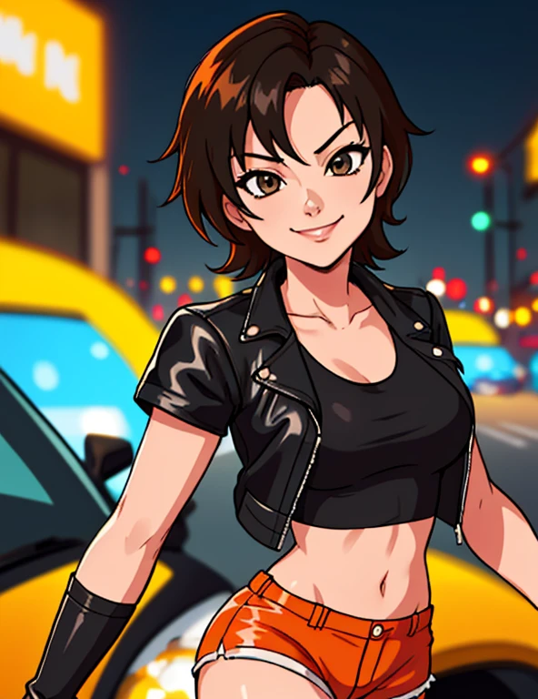 1girl, solo, masterpiece, very detailed, Reiko Nagase, black leather jacket, orange tank-top, midriff, gloves, black short-shorts, street race, bokeh effect, rich color saturation, looking at viewer, eye contact, arrogant smile, dynamic pose