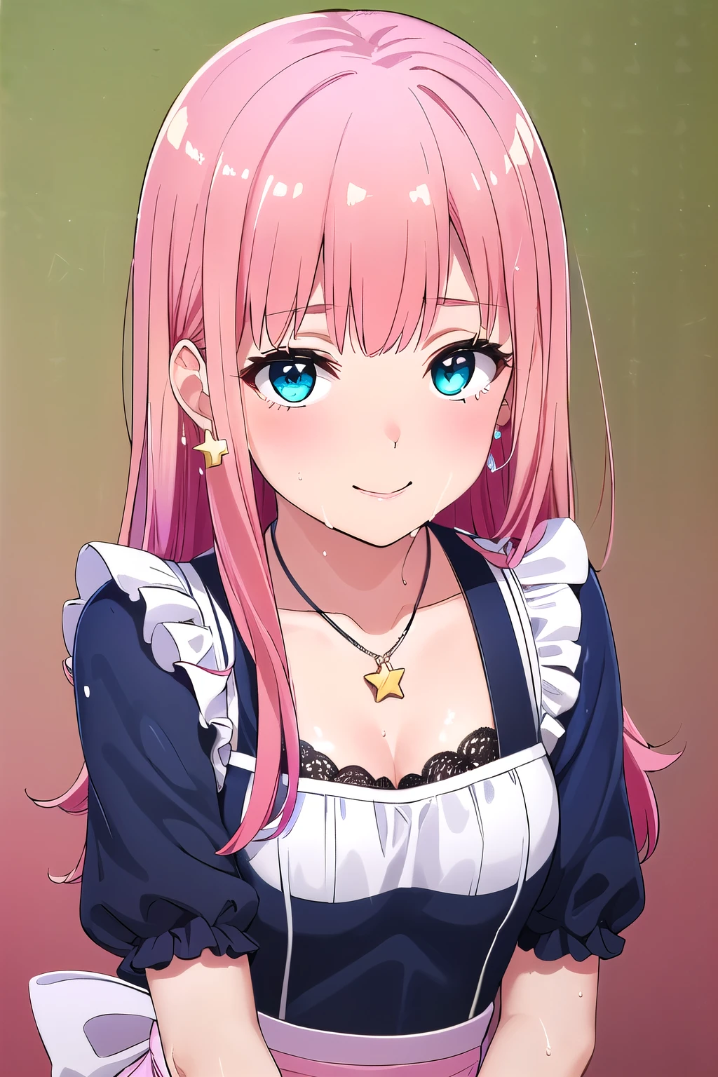 (8K, top-quality, masterpiece:1.2), (reallistic, Photorealsitic:1.37), Super Detail, One girl,), (Highly detailed), (beautifully detailed eyes), (of the highest quality), (super detailed ), (masterpiece), (Detailed face),20yr old, ,1 girl, ((pink hair,long hair)), medium breasts, clothed, Perfect Lighting, BREAK, (shiny neon pink green blue:1.5), (gradient color dress:1.4), (stars hearts glitter pattern:1.3), (glossy wet suit fabric:1.5), (short puffy sleeved bolero:1.2), (sheer lace trimmed camisole:1.2), (frilly sleeves sweetheart neckline blouse:1.3), (mini pleated skirt with apron belt:1.3), (bodycon fit silhouette:1.3), (knee high socks with frills:1.2), (clear platform loafers:1.2), (ribbon choker with charm:1.2), (star earrings heart necklace:1.2), (girly accessories:1.2), BREAK, (high quality:1.5), (upper body to knees:1.3), (long pink hair half up:1.2), (gentle smile:1.2),  (rolled up sleeves:1.2), (touching apron:1.2), (vintage wallpaper background:1.2), (soft natural light:1.2)

