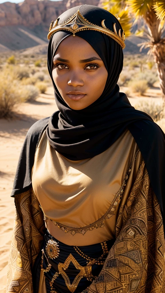 Best qualit, realistic, age Namibian in black hijab, detailed eyes, detailed lips, muslim black clothes , colorful patterns, vibrant colors, golden crown, desert landscape, warm sunlight, dramatic lighting