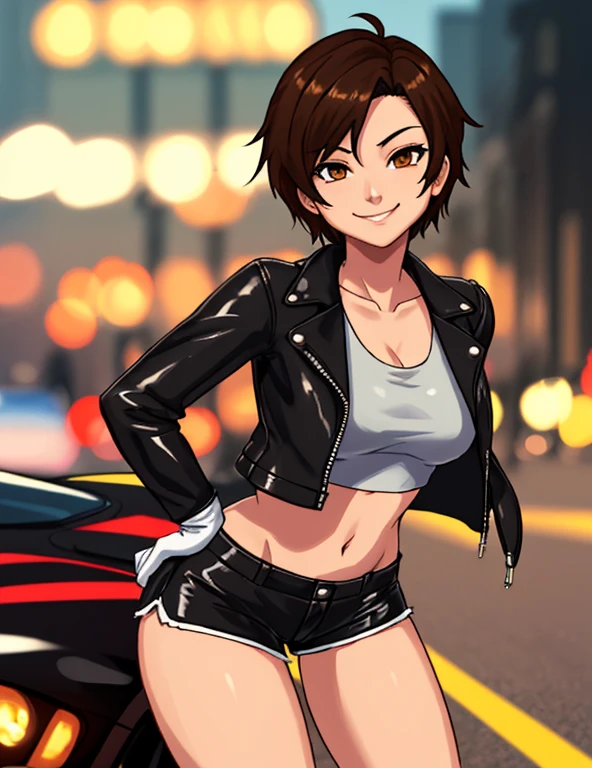 1girl, solo, masterpiece, very detailed, Reiko Nagase, black leather jacket, orange tank-top, midriff, gloves, black short-shorts, street race, bokeh effect, rich color saturation, looking at viewer, eye contact, arrogant smile, dynamic pose