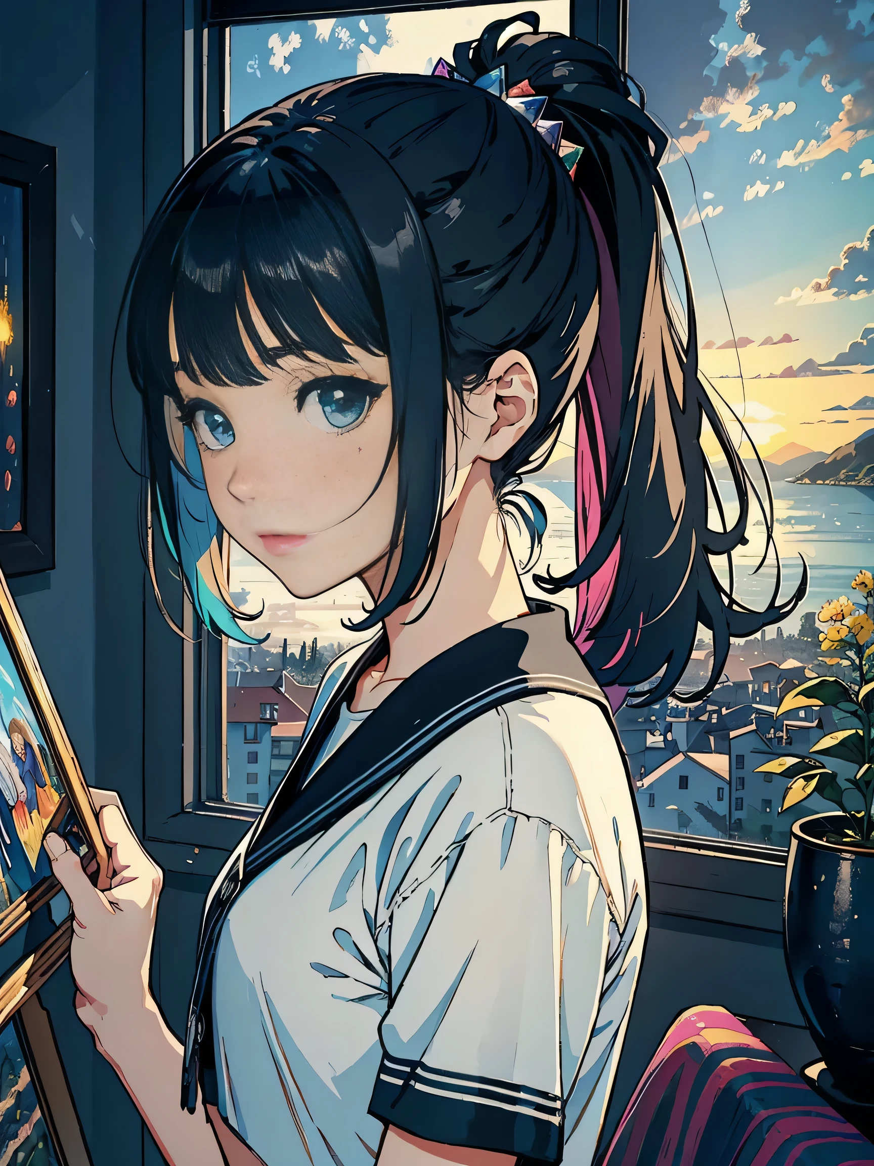 Studio apartment, huge room, Cozy artist's studio, Cute Beautiful Girl、A cute character who wears a mini skirt. Cute Ponytail, highest quality、High resolution、detailed background、(detailed face:1.4)、beautiful and smooth skin, (portrait shot:1.3), easel, color palette, acrylic paints, paintings, large windows, loggia, art, awards, table, sofa, armchairs, mirror, crystals, meditation, harmony, many books on the walls, paintings on the walls, view from the window, sea, mountains, amazing sunset, flower arrangements, paints, brushes, artist's theme, elegant, dynamic bright lighting, happiness, full color, multicolored, artificial, higher detail, super quality, small details, highlights, neon lights, masterpiece, best colors
