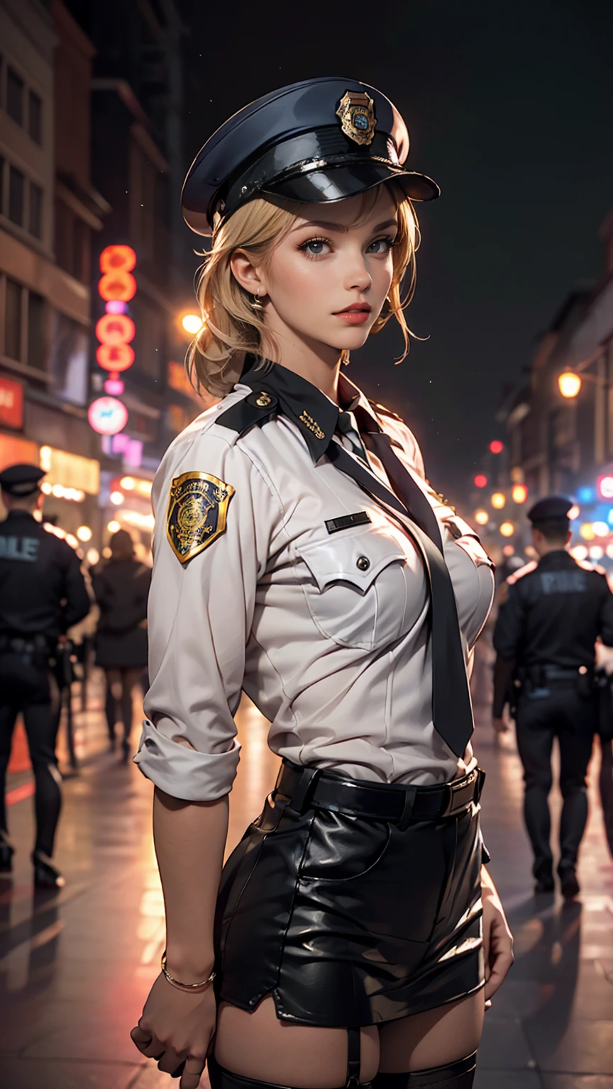alone, (Police uniform, Female police officer), stockings, City lights, (Looking at the audience: 1.3), Release your lips, Red lips, Shiny skin, Skin dents, highest quality, Ultra-high resolution, (realism: 1.4)