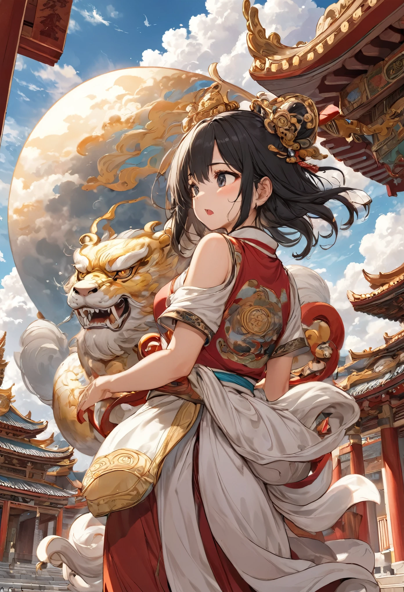 (masterpiece, best quality:1.2), bite_style,1 person,girl,myth,cloud,Temple,arms,cartoon