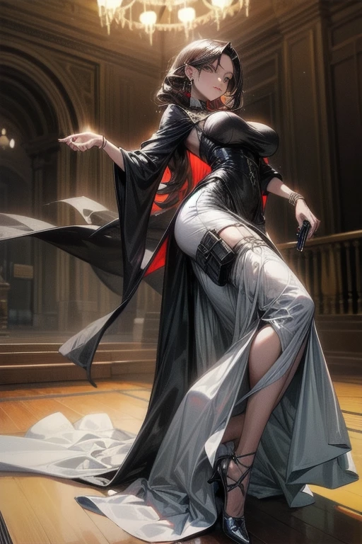 Female secret agent in (luxurious long dress:1.3), (shooting pistol:1.2) , (thigh pistol holster:1.2) attached to thigh, accessories, necklace, earrings, rings, bangles, muscular, in the dance hall, gigantic breasts
