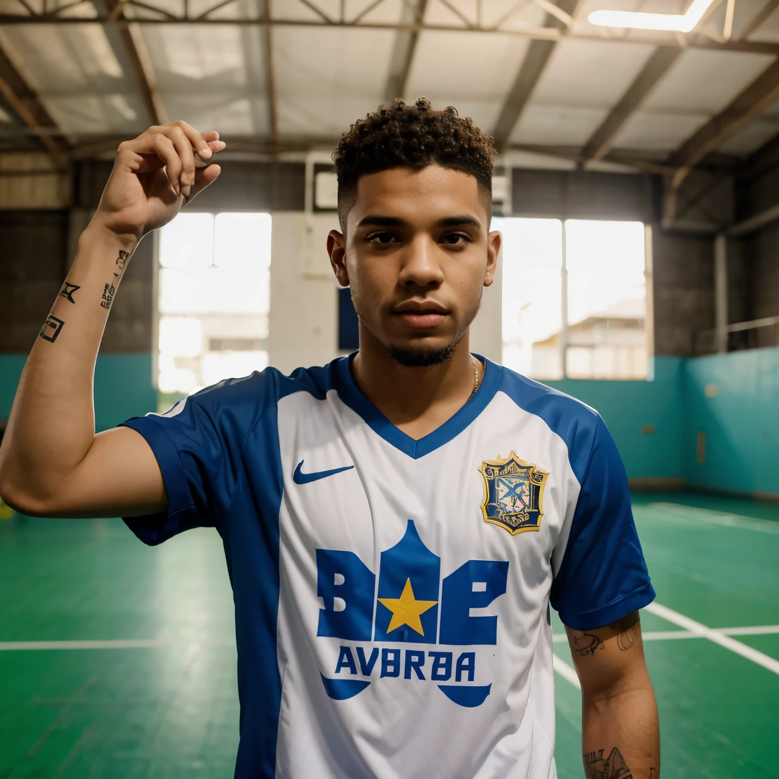 um escudo pra um time de futsal com nome de nova moda com o tema do cantor de rap caio luccas de coroa