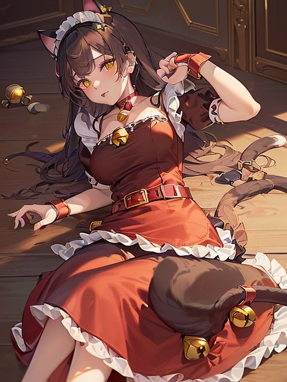 ((highest quality)),(Ultra-high resolution),(Very detailed),(Detailed Description),((The best CG)),(masterpiece),Highly detailed art,Amazing drawing art,(Art with exquisite detail:1.5), (Cat Ear Maid:1.7),(Red belt choker with bell:1.6),(Mini flare skirt:1.3)