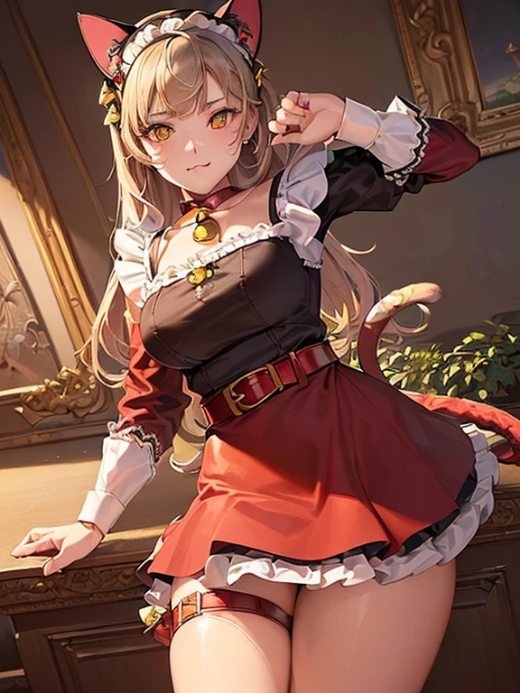 masterpiece,best quality, ultra-detailed,1girl(sakurai momoka, lovely small breasts, wavy hair,blonde hair, hair bun, double hair buns, headband, pink flower in hair,green eyes), a bright face,  light smile, parted lips, nose blush, blush, facing viewer , looking at viewer, head tilt, solo, red china dress, black lace thighhighs, in the livingroom, standing, Sexy waist teasing 